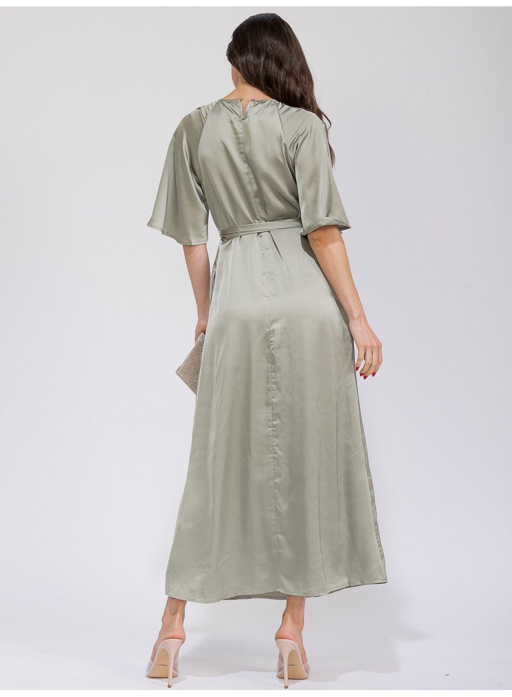 WOMEN'S SHORT SLEEVE POCKETS SEKF TIE SATIN MAXI DRESS WOMEN'S SHORT SLEEVE POCKETS SEKF TIE SATIN MAXI DRESS