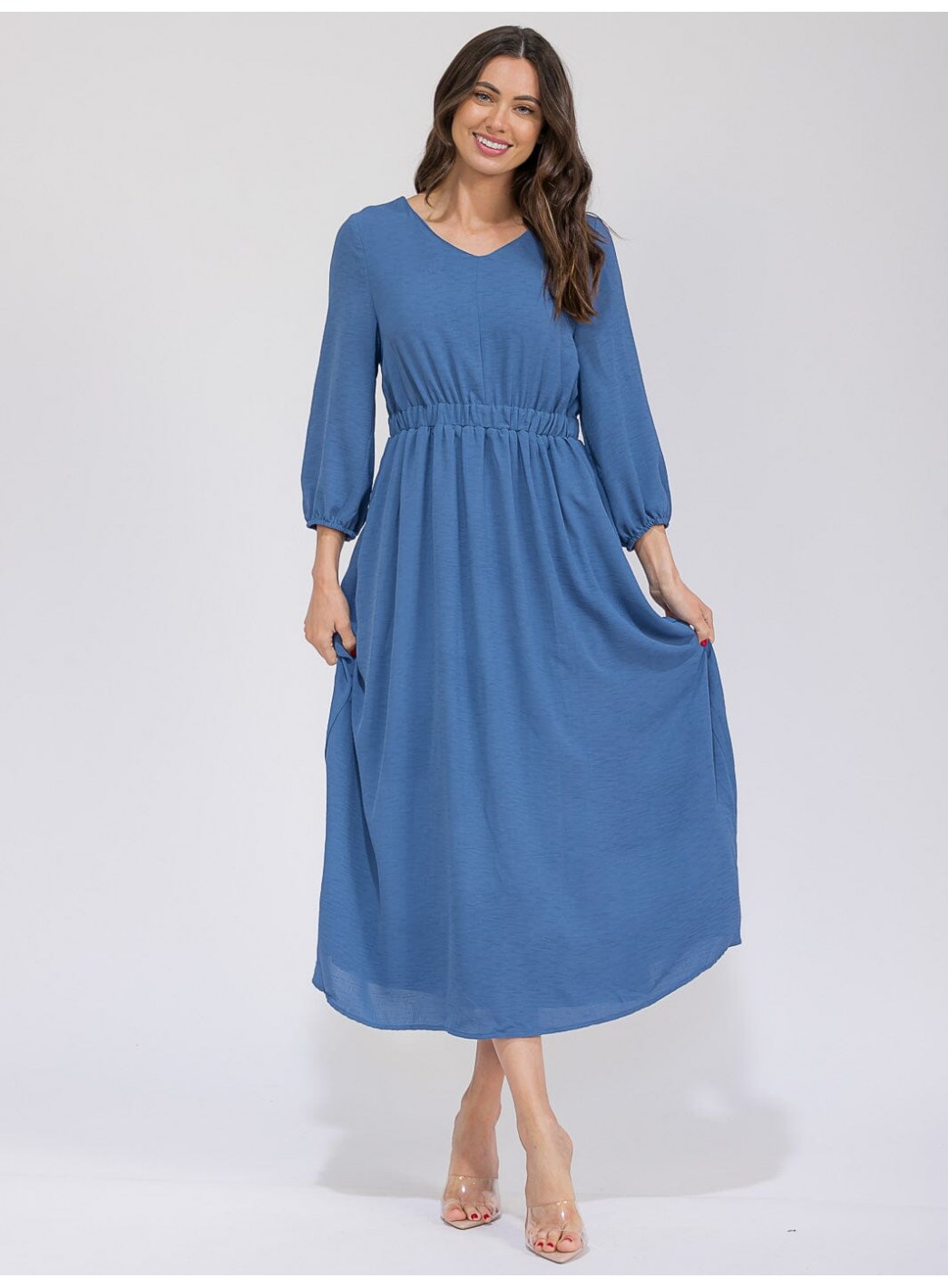 WOMEN'S 3/4 SLEEVES V-NECK ELASTIC WAIST FRONT POCKETS MAXI DRESS WOMEN'S 3/4 SLEEVES V-NECK ELASTIC WAIST FRONT POCKETS MAXI DRESS