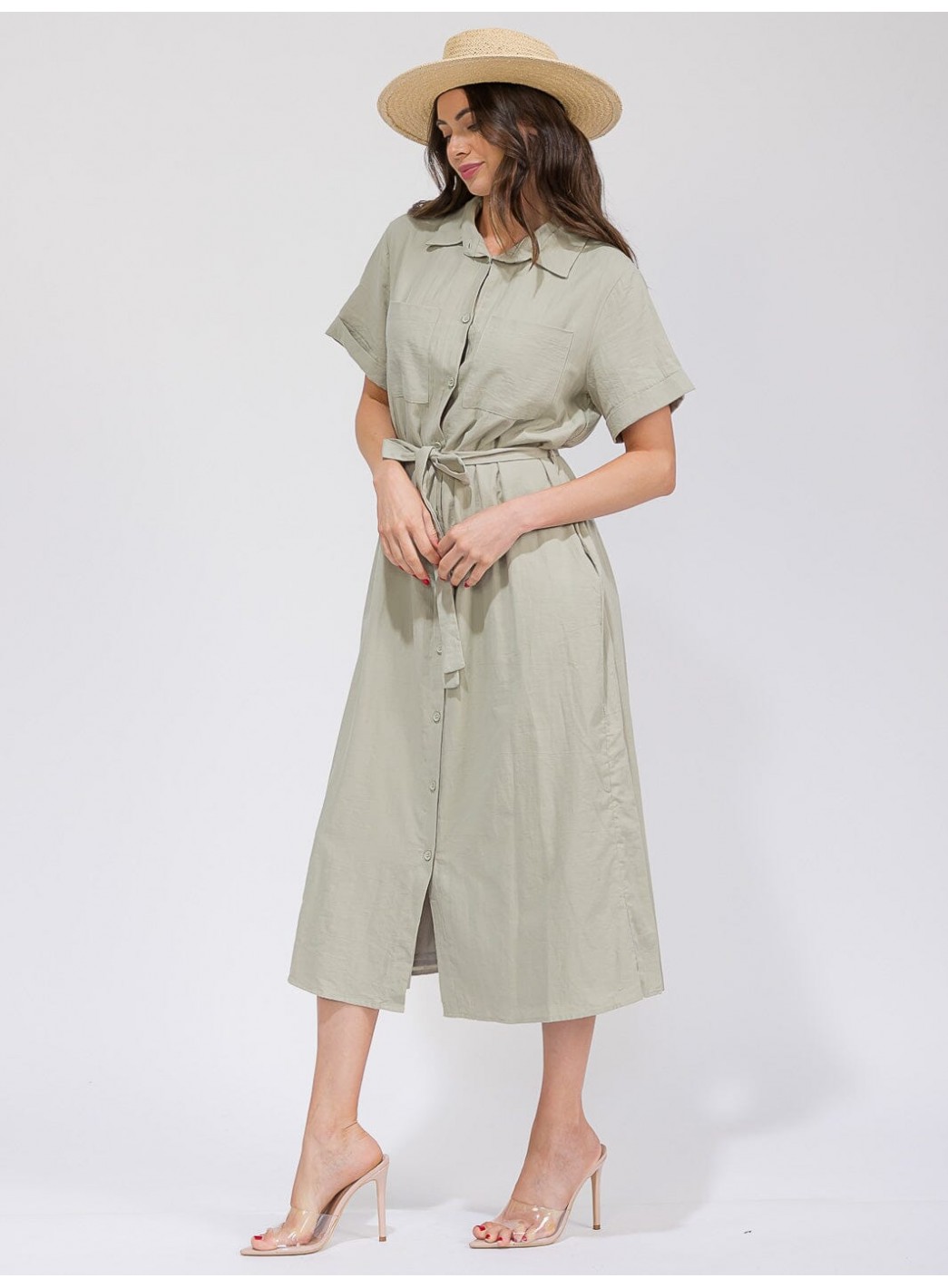 WOMEN'S SHORT SLEEVES BUTTON UP SELF TIE POCKETS MAXI DRESS WOMEN'S SHORT SLEEVES BUTTON UP SELF TIE POCKETS MAXI DRESS
