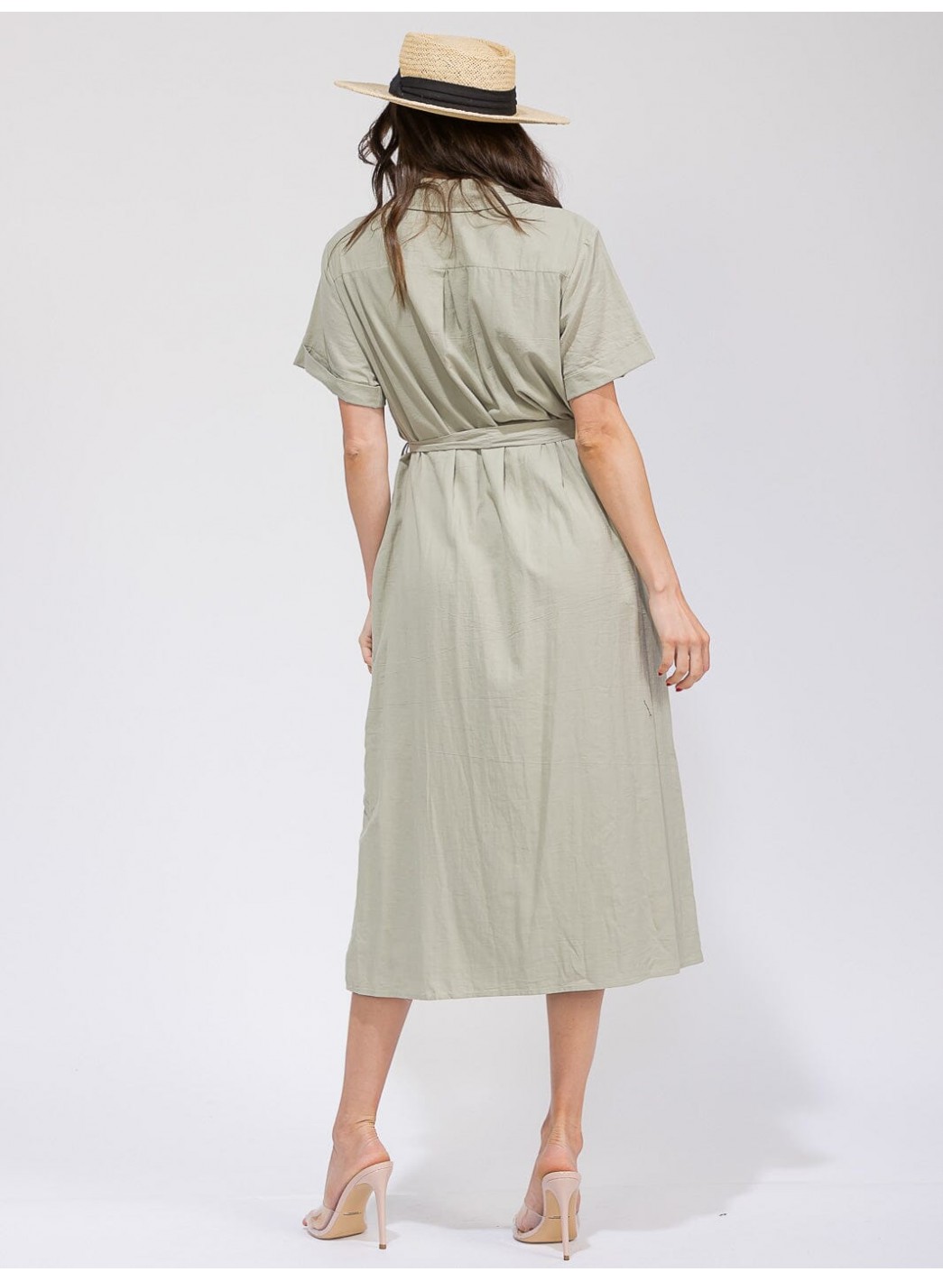 WOMEN'S SHORT SLEEVES BUTTON UP SELF TIE POCKETS MAXI DRESS WOMEN'S SHORT SLEEVES BUTTON UP SELF TIE POCKETS MAXI DRESS
