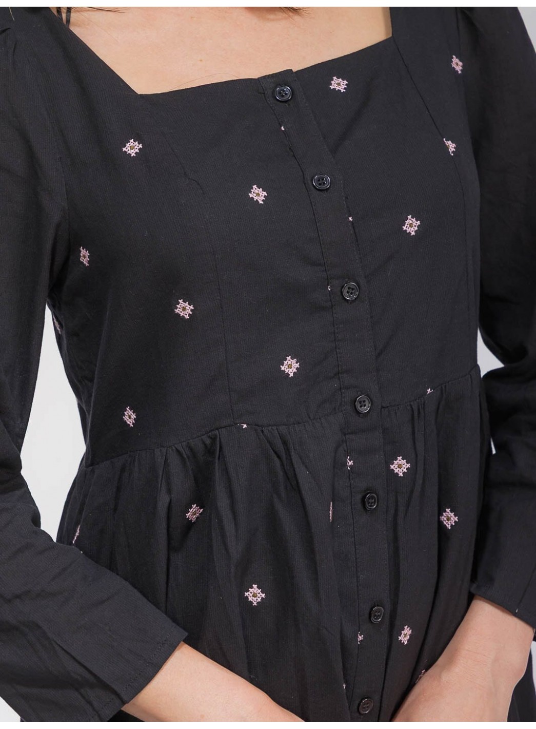 WOMEN'S LONG SLEEVE SQUARE NECK SMOCK FLORAL DETAILED MIDI DRESS WOMEN'S LONG SLEEVE SQUARE NECK SMOCK FLORAL DETAILED MIDI DRESS