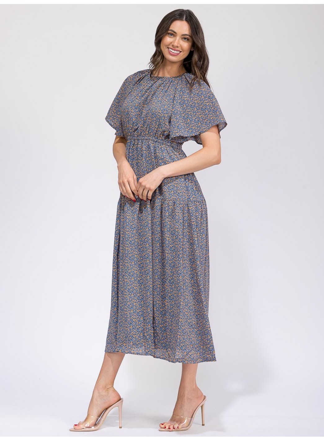 WOMEN'S SHORT SLEEVE ELASTIC WAIST FRONT POCKET FLORAL MAXI DRESS WOMEN'S SHORT SLEEVE ELASTIC WAIST FRONT POCKET FLORAL MAXI DRESS