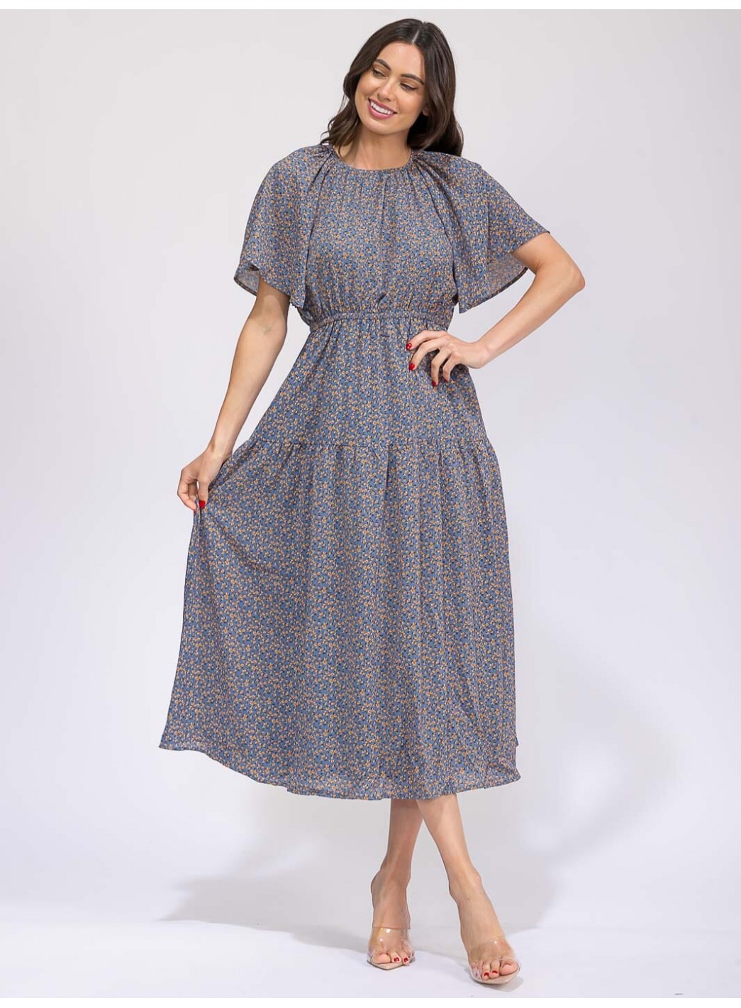 WOMEN'S SHORT SLEEVE ELASTIC WAIST FRONT POCKET FLORAL MAXI DRESS WOMEN'S SHORT SLEEVE ELASTIC WAIST FRONT POCKET FLORAL MAXI DRESS