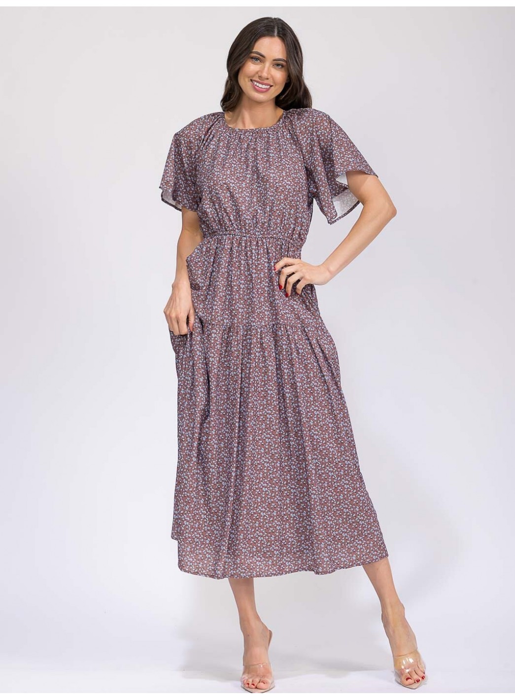 WOMEN'S SHORT SLEEVE ELASTIC WAIST FRONT POCKET FLORAL MAXI DRESS WOMEN'S SHORT SLEEVE ELASTIC WAIST FRONT POCKET FLORAL MAXI DRESS