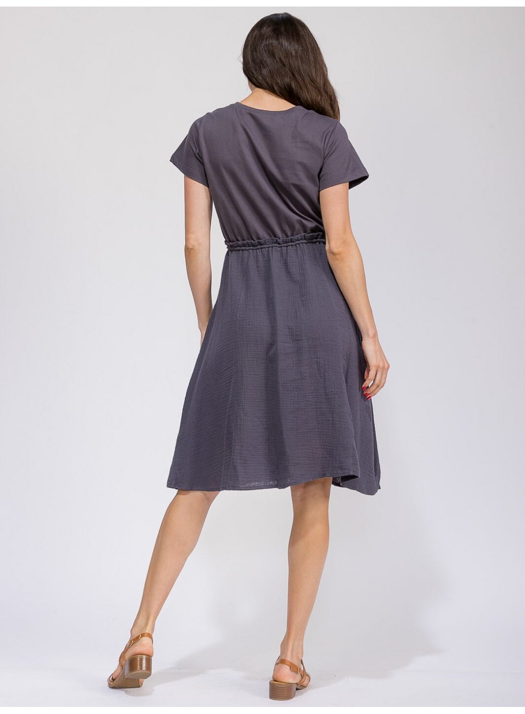 WOMEN'S SHORT SLEEVE ELASTIC WAIST FRONT POCKETS CONTRAST MIDI DRESS WOMEN'S SHORT SLEEVE ELASTIC WAIST FRONT POCKETS CONTRAST MIDI DRESS