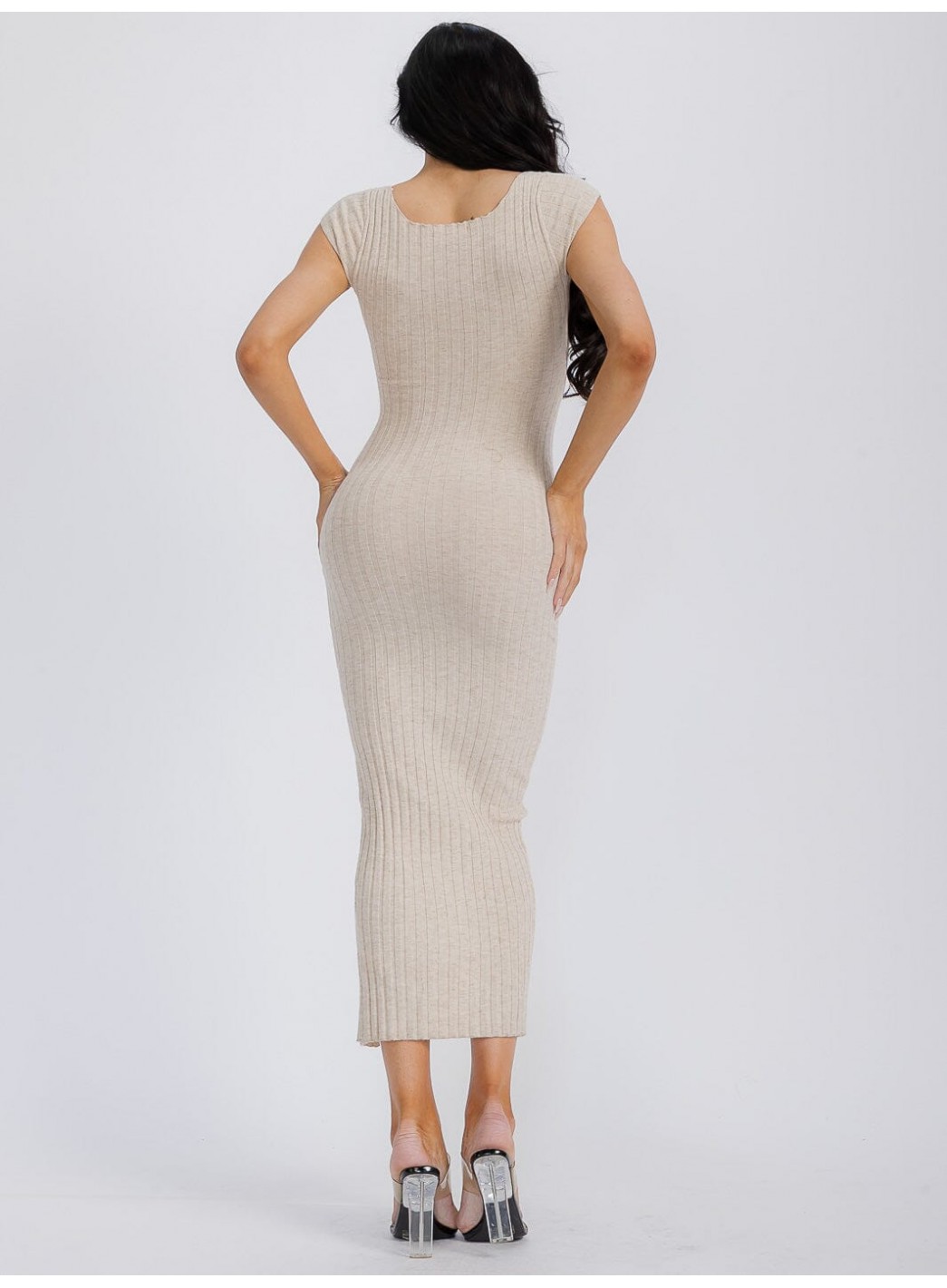 WOMEN'S SLEEVELESS V-NECK RIBBED FRONT SLIT BODYCON MAXI DRESS WOMEN'S SLEEVELESS V-NECK RIBBED FRONT SLIT BODYCON MAXI DRESS