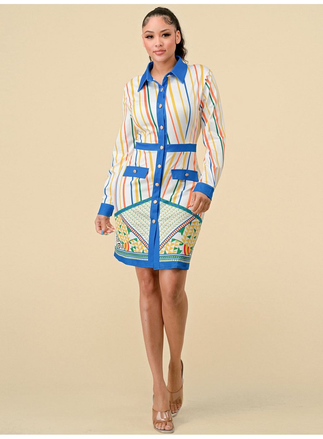 WOMEN'S LONG SLEEVES BUTTON UP MULTI PRINT MINI DRESS WOMEN'S LONG SLEEVES BUTTON UP MULTI PRINT MINI DRESS