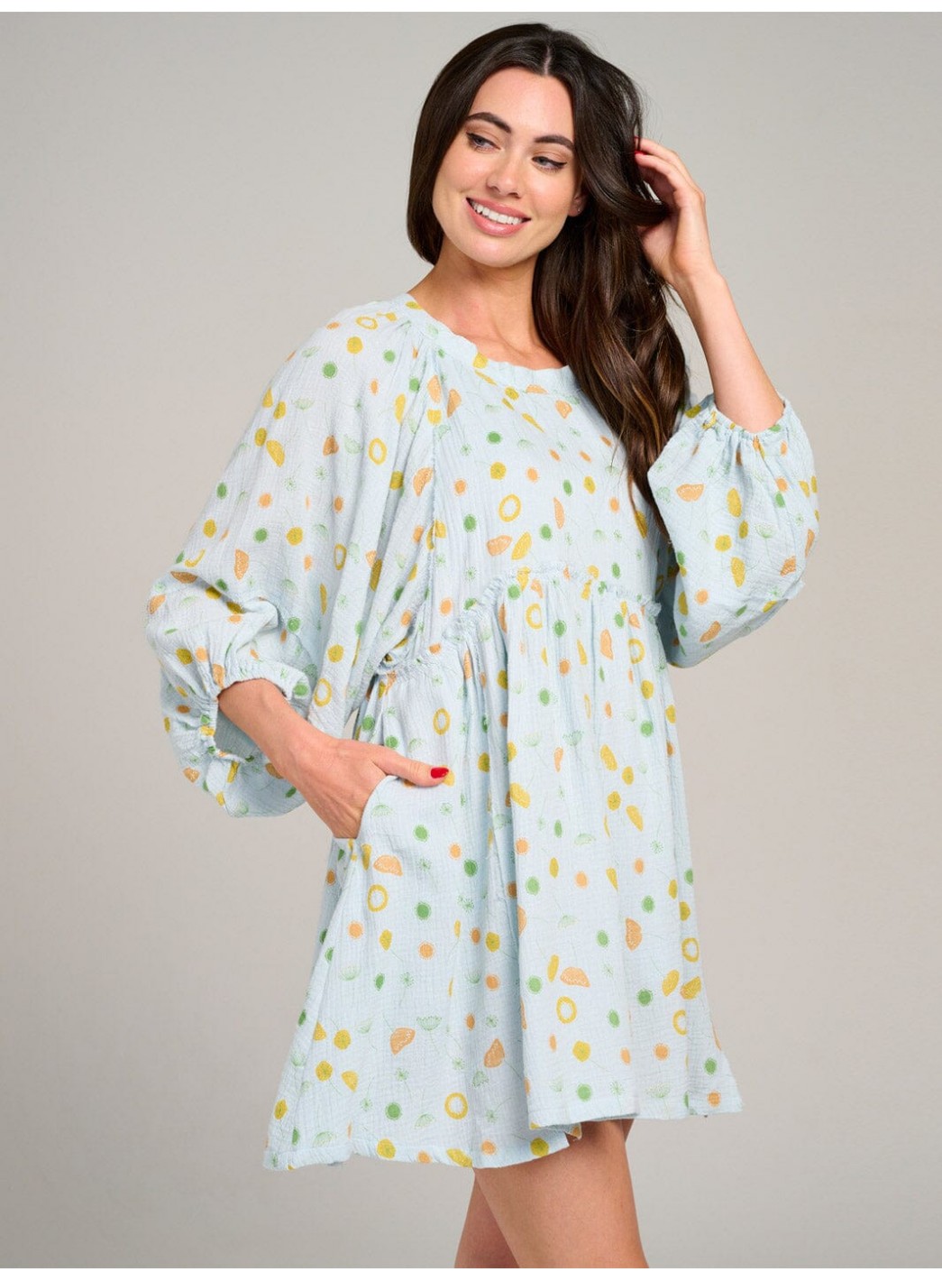 WOMEN'S LONG SLEEVE POCKETS PRINTED TUNIC MINI DRESS