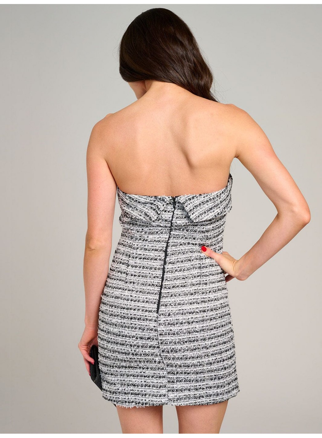 WOMEN'S SLEEVELESS FRONT SLIT TWEED TUBE MINI DRESS WOMEN'S SLEEVELESS FRONT SLIT TWEED TUBE MINI DRESS