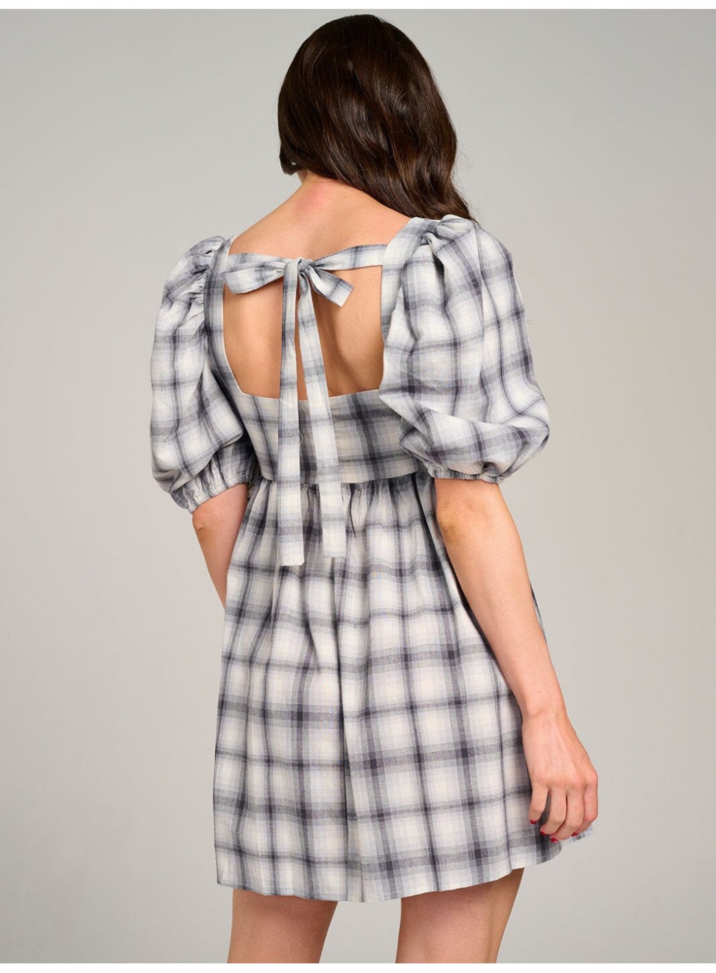 WOMEN'S SHORT PUFF SLEEVE OPEN BACK COLORBLOCK PLAID MINI DRESS WOMEN'S SHORT PUFF SLEEVE OPEN BACK COLORBLOCK PLAID MINI DRESS