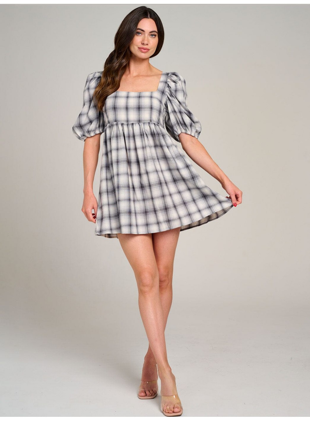 WOMEN'S SHORT PUFF SLEEVE OPEN BACK COLORBLOCK PLAID MINI DRESS WOMEN'S SHORT PUFF SLEEVE OPEN BACK COLORBLOCK PLAID MINI DRESS