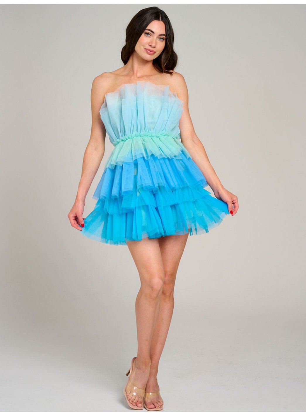 WOMEN'S SLEEVELESS ORGANZA TIERED RUFFLE TUBE COLORBLOCK MINI DRESS