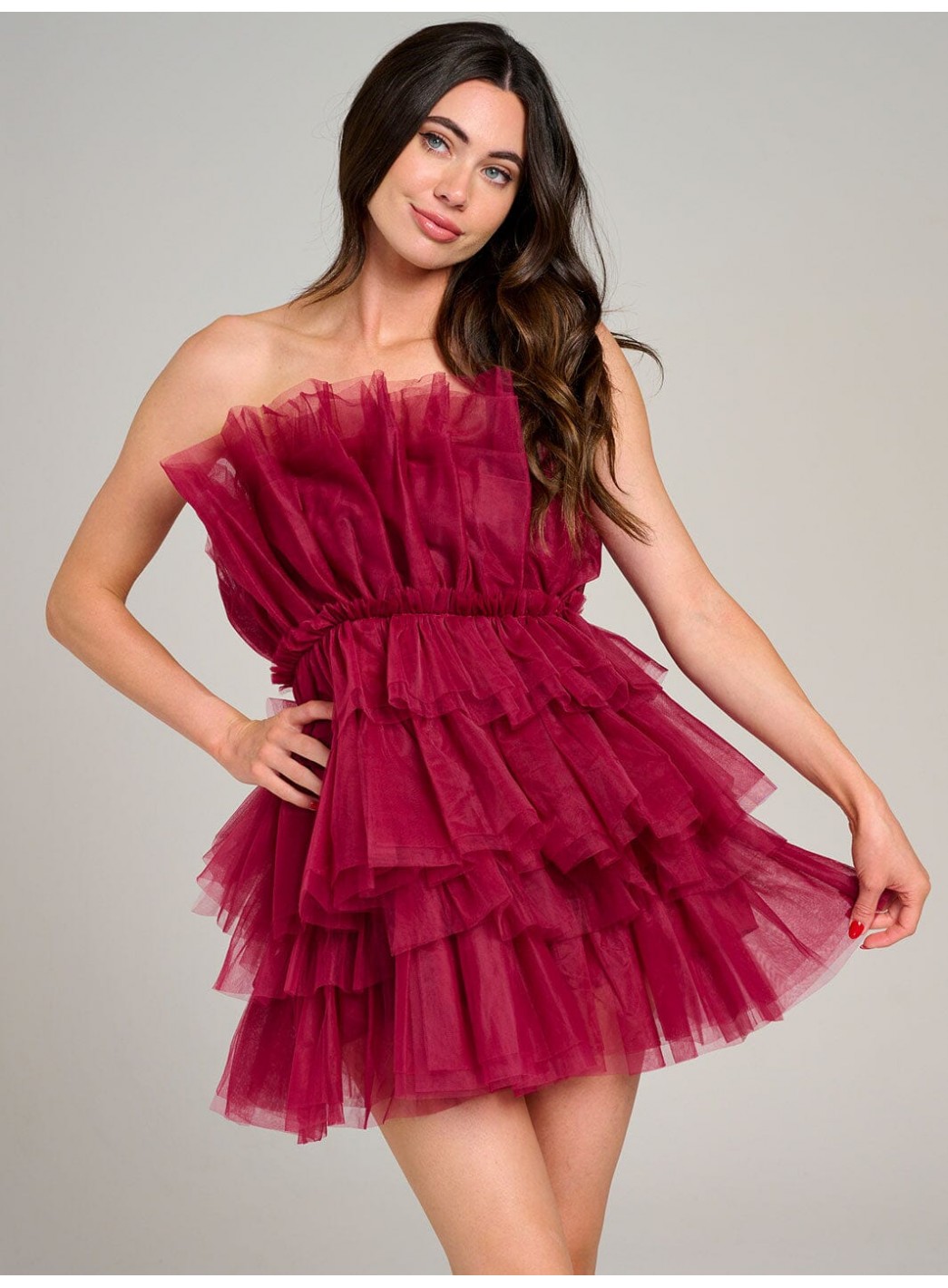 WOMEN'S SLEEVELESS ORGANZA TIERED RUFFLE TUBE MINI DRESS WOMEN'S SLEEVELESS ORGANZA TIERED RUFFLE TUBE MINI DRESS