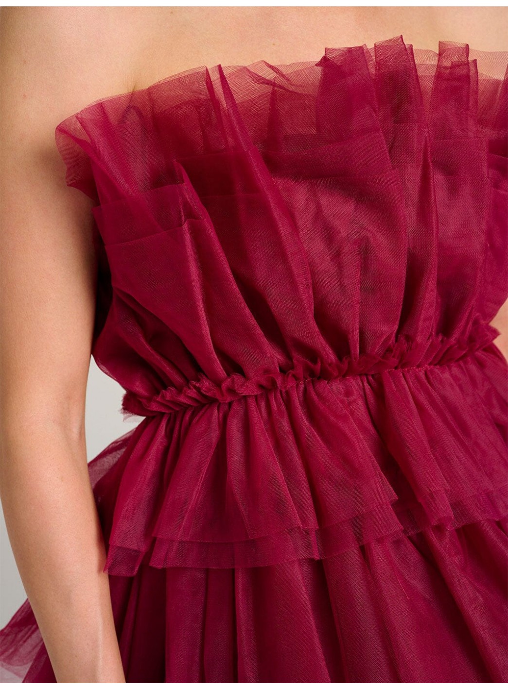 WOMEN'S SLEEVELESS ORGANZA TIERED RUFFLE TUBE MINI DRESS WOMEN'S SLEEVELESS ORGANZA TIERED RUFFLE TUBE MINI DRESS