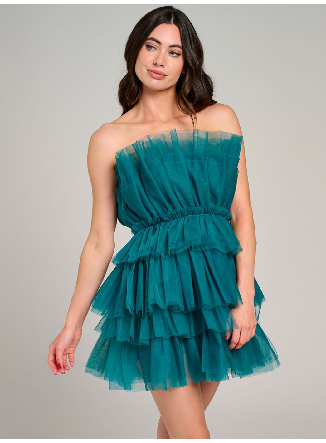 WOMEN'S SLEEVELESS ORGANZA TIERED RUFFLE TUBE MINI DRESS WOMEN'S SLEEVELESS ORGANZA TIERED RUFFLE TUBE MINI DRESS