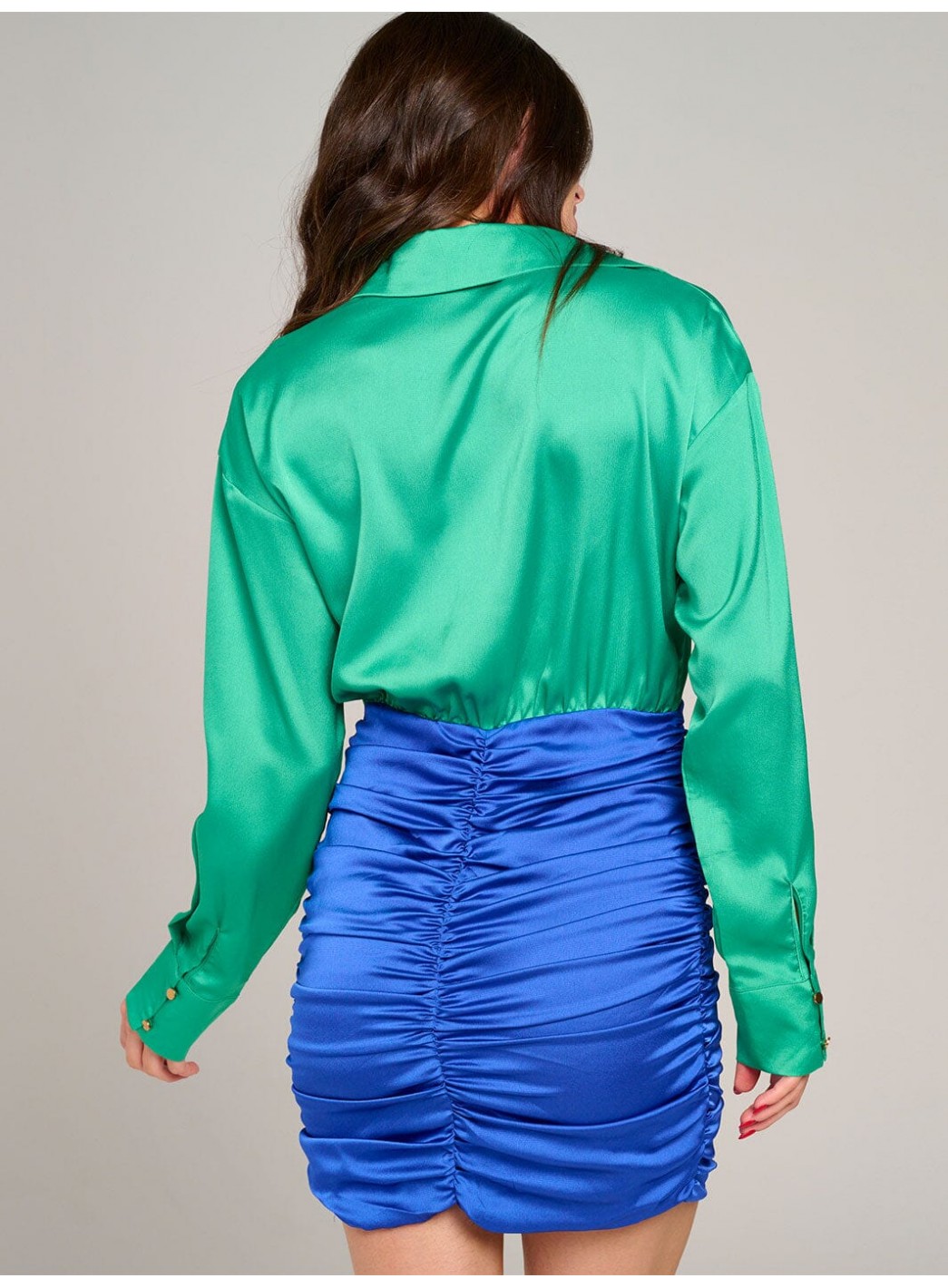 WOMEN'S LONG SLEEVE V-NECK RUCHED COLORBLOCK BODYCON MINI DRESS WOMEN'S LONG SLEEVE V-NECK RUCHED COLORBLOCK BODYCON MINI DRESS