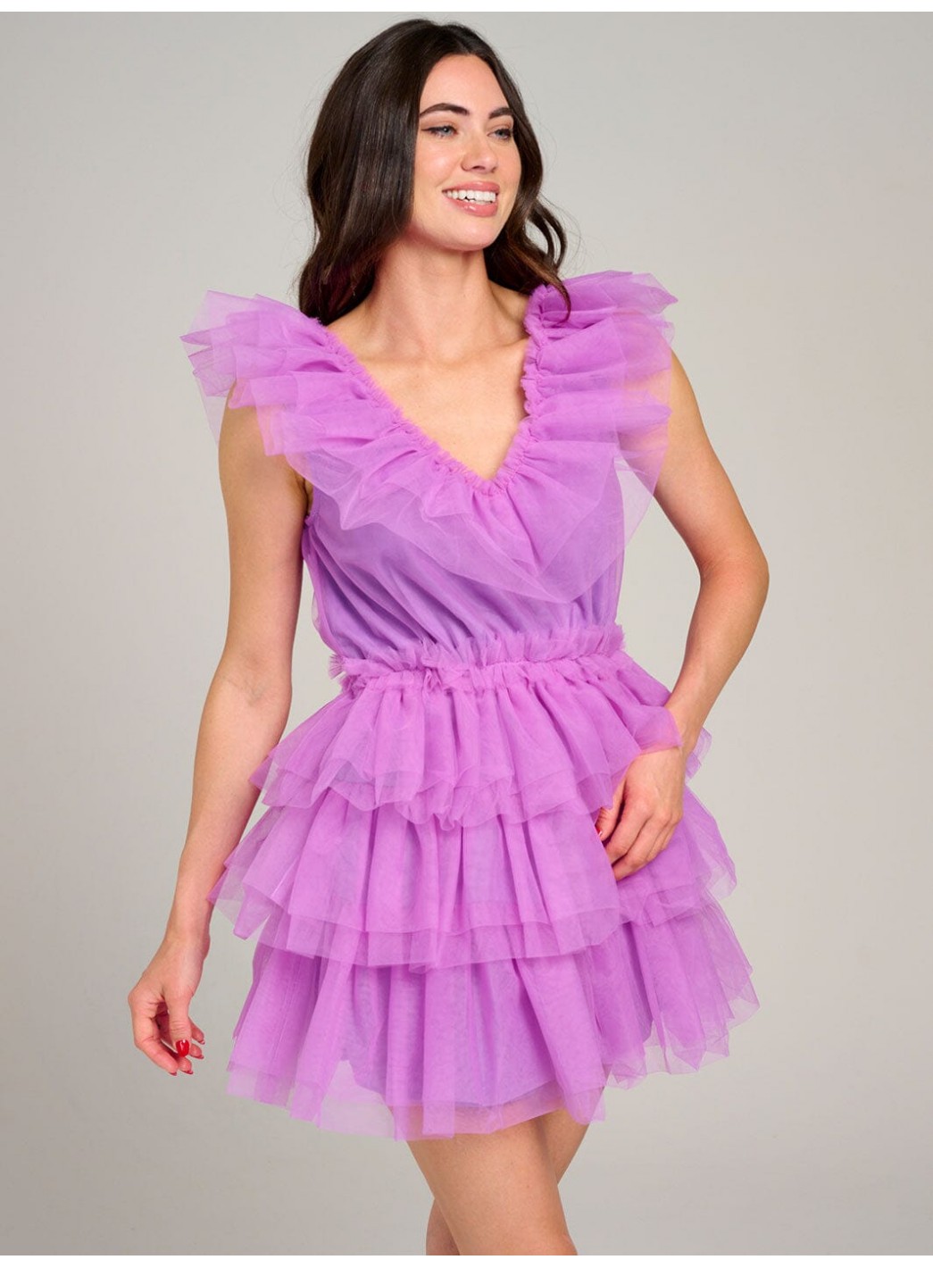 WOMEN'S SLEEVELESS V-NECK ORGANZA TIERED RUFFLE MINI DRESS WOMEN'S SLEEVELESS V-NECK ORGANZA TIERED RUFFLE MINI DRESS