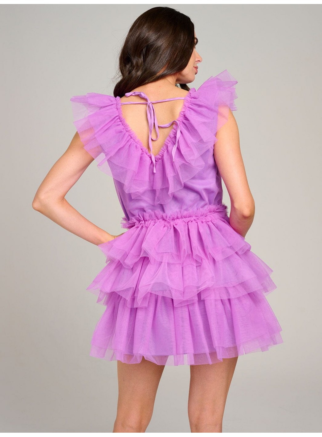 WOMEN'S SLEEVELESS V-NECK ORGANZA TIERED RUFFLE MINI DRESS WOMEN'S SLEEVELESS V-NECK ORGANZA TIERED RUFFLE MINI DRESS