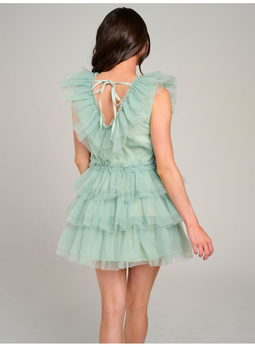 WOMEN'S SLEEVELESS V-NECK ORGANZA TIERED RUFFLE MINI DRESS WOMEN'S SLEEVELESS V-NECK ORGANZA TIERED RUFFLE MINI DRESS