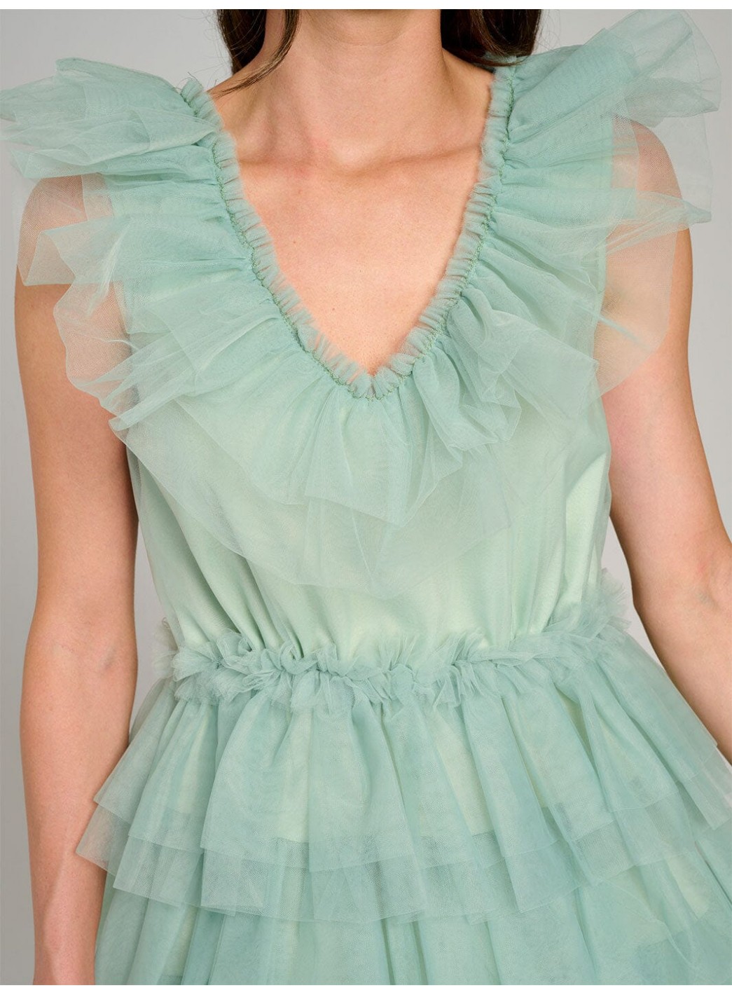 WOMEN'S SLEEVELESS V-NECK ORGANZA TIERED RUFFLE MINI DRESS WOMEN'S SLEEVELESS V-NECK ORGANZA TIERED RUFFLE MINI DRESS