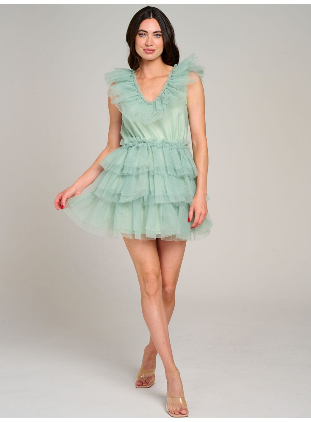 WOMEN'S SLEEVELESS V-NECK ORGANZA TIERED RUFFLE MINI DRESS WOMEN'S SLEEVELESS V-NECK ORGANZA TIERED RUFFLE MINI DRESS