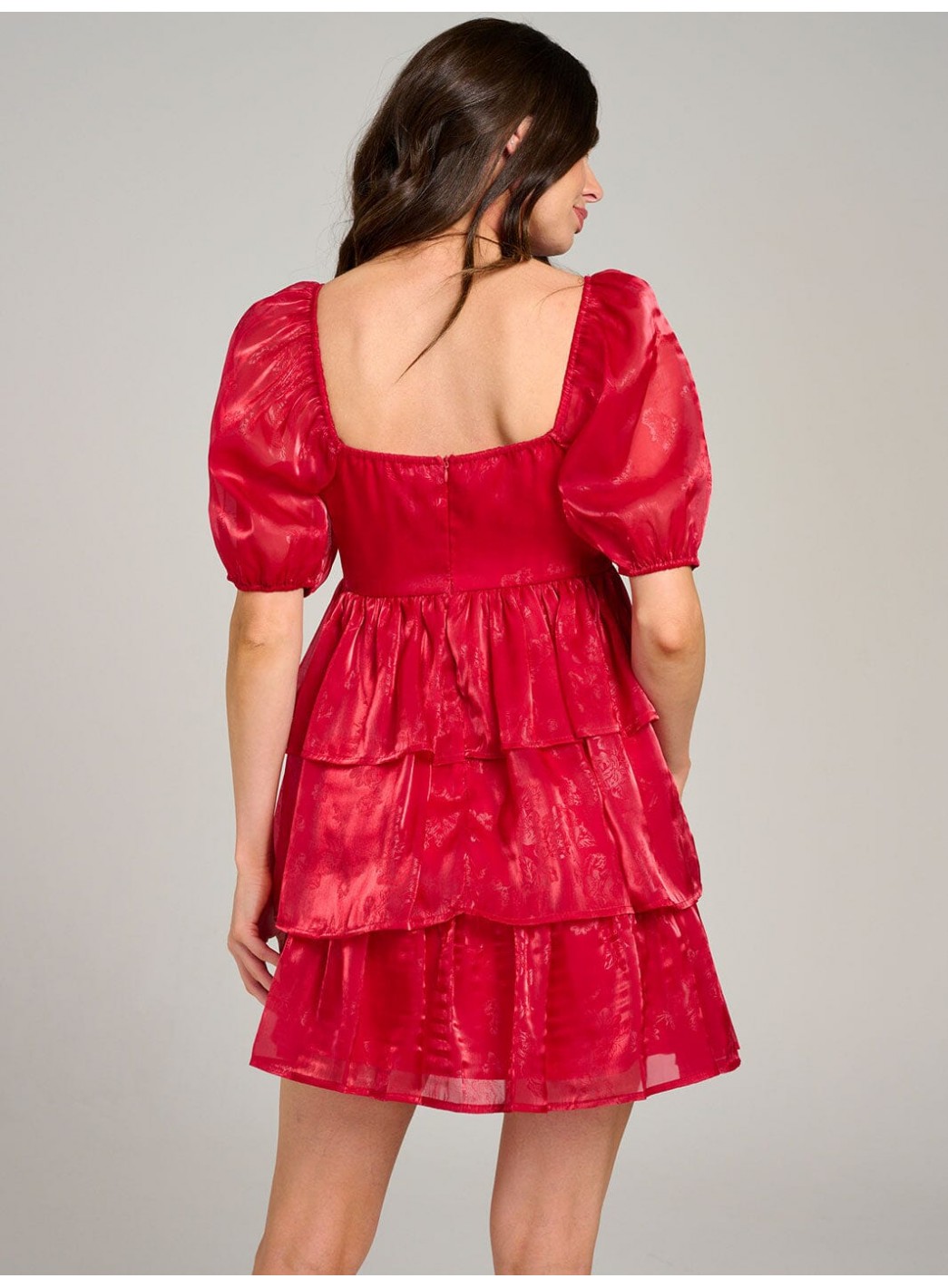 WOMEN'S SHORT PUFF SLEEVE SQUARE NECK TIERED RUFFLE MINI DRESS WOMEN'S SHORT PUFF SLEEVE SQUARE NECK TIERED RUFFLE MINI DRESS