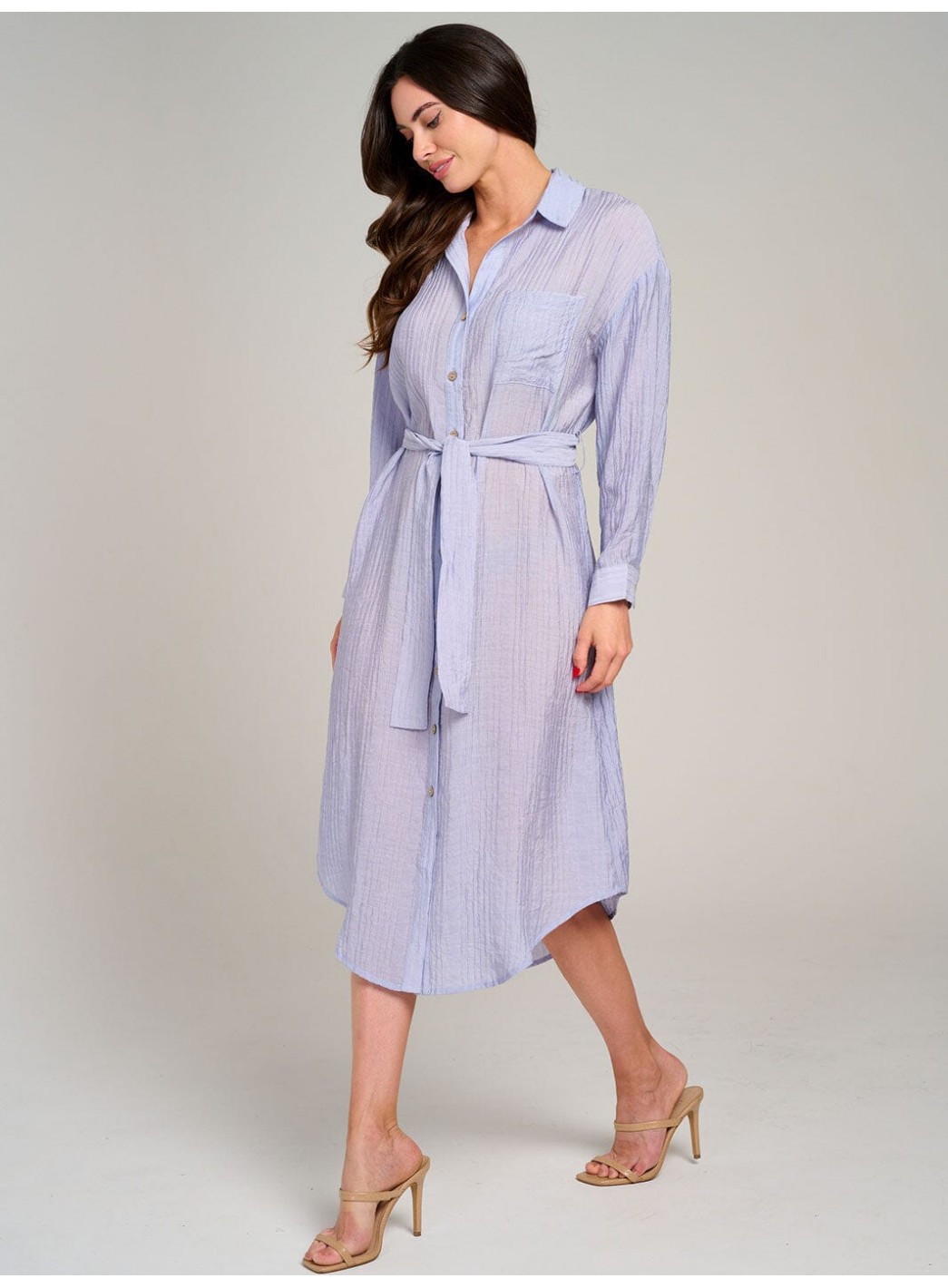WOMEN'S LONG SLEEVE FONT POCKET BUTTON UP SELF TIE MIDI DRESS WOMEN'S LONG SLEEVE FONT POCKET BUTTON UP SELF TIE MIDI DRESS