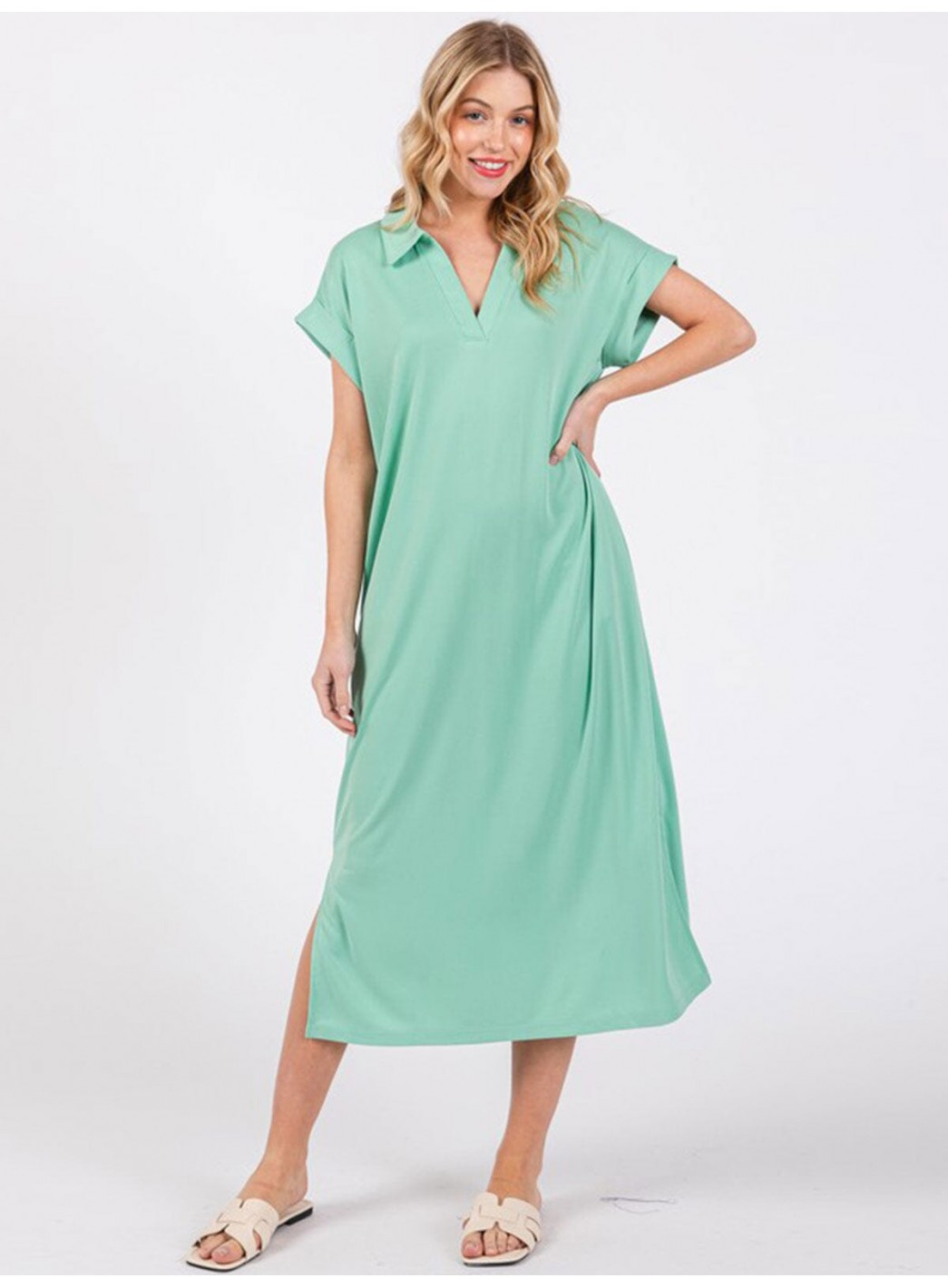 WOMEN'S SHORT SLEEVE V-NECK SIDE SLIT FRONT POCKET LOOSE FIT MAXI DRESS WOMEN'S SHORT SLEEVE V-NECK SIDE SLIT FRONT POCKET LOOSE FIT MAXI DRESS