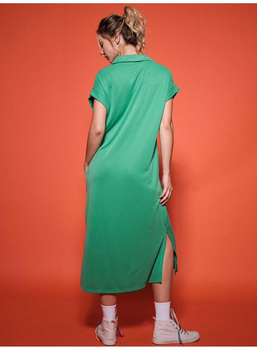 WOMEN'S SHORT SLEEVE V-NECK SIDE SLIT FRONT POCKET LOOSE FIT MAXI DRESS WOMEN'S SHORT SLEEVE V-NECK SIDE SLIT FRONT POCKET LOOSE FIT MAXI DRESS