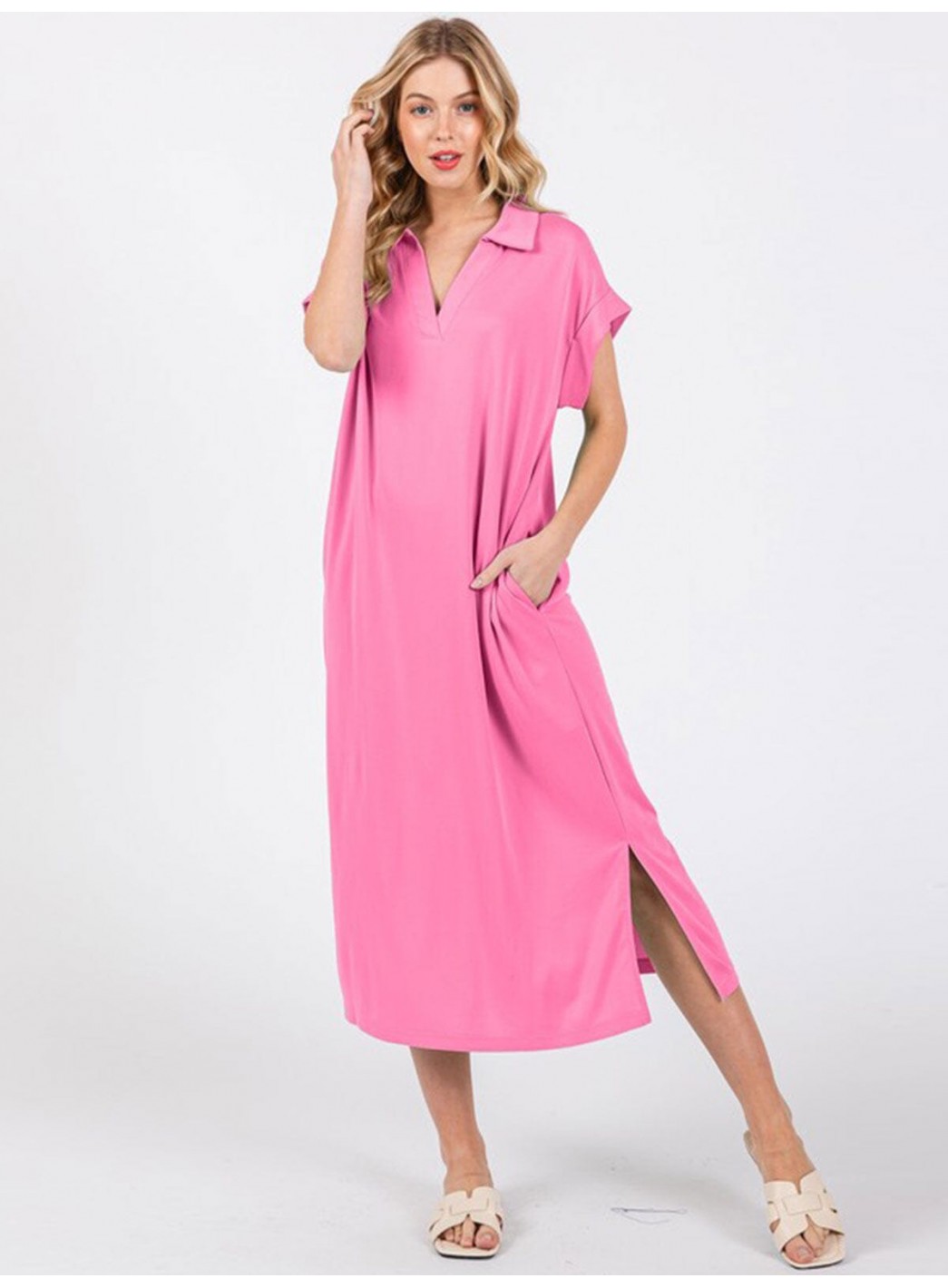 WOMEN'S SHORT SLEEVE V-NECK SIDE SLIT FRONT POCKET LOOSE FIT MAXI DRESS WOMEN'S SHORT SLEEVE V-NECK SIDE SLIT FRONT POCKET LOOSE FIT MAXI DRESS