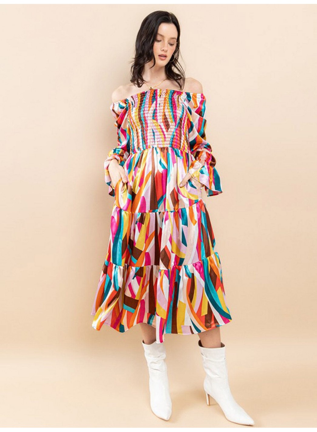 WOMEN'S OFF SHOULDER LONG SLEEVE SMOCK FRONT POCKETS TIERED MIDI DRESS WOMEN'S OFF SHOULDER LONG SLEEVE SMOCK FRONT POCKETS TIERED MIDI DRESS