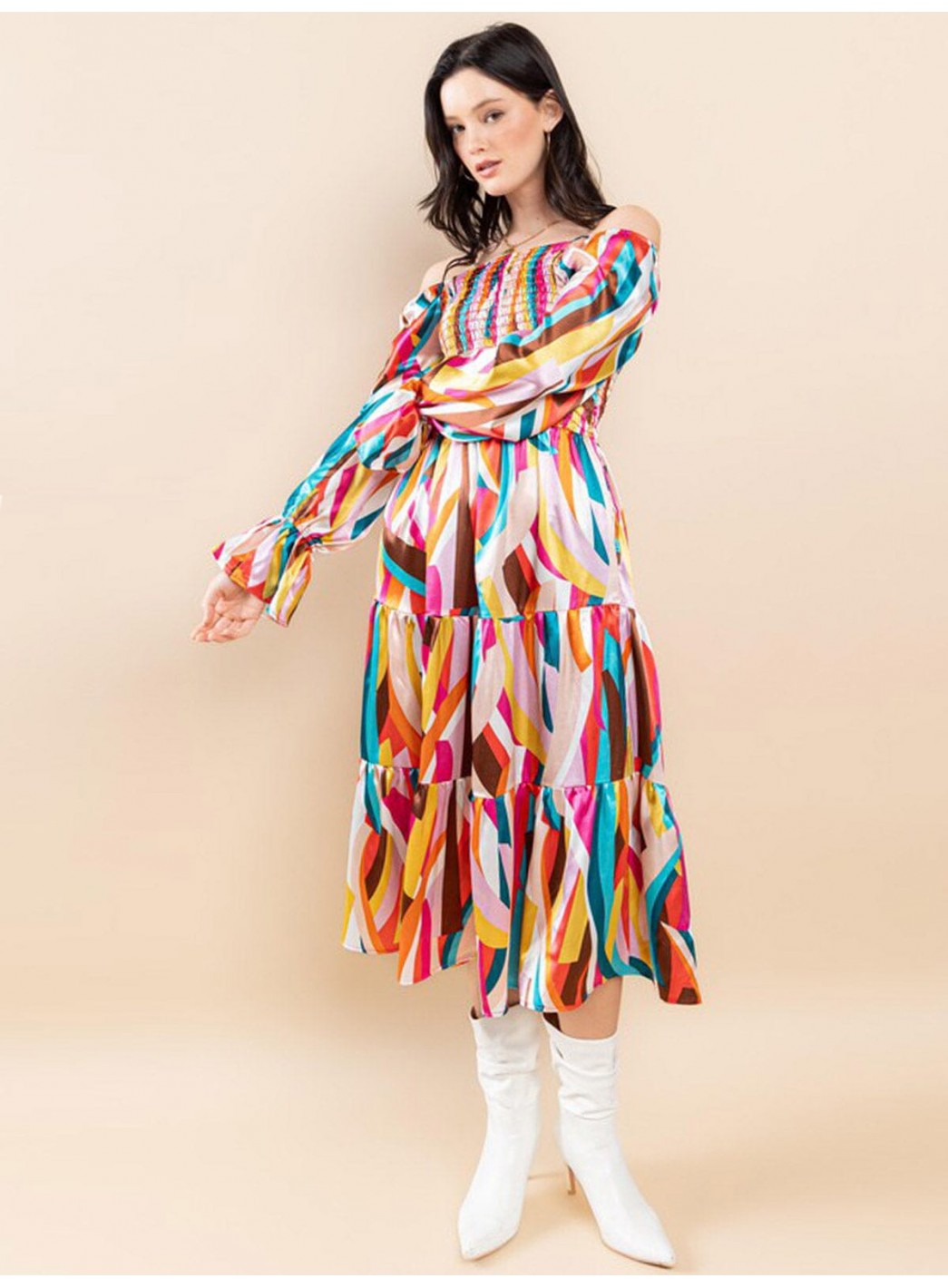 WOMEN'S OFF SHOULDER LONG SLEEVE SMOCK FRONT POCKETS TIERED MIDI DRESS WOMEN'S OFF SHOULDER LONG SLEEVE SMOCK FRONT POCKETS TIERED MIDI DRESS