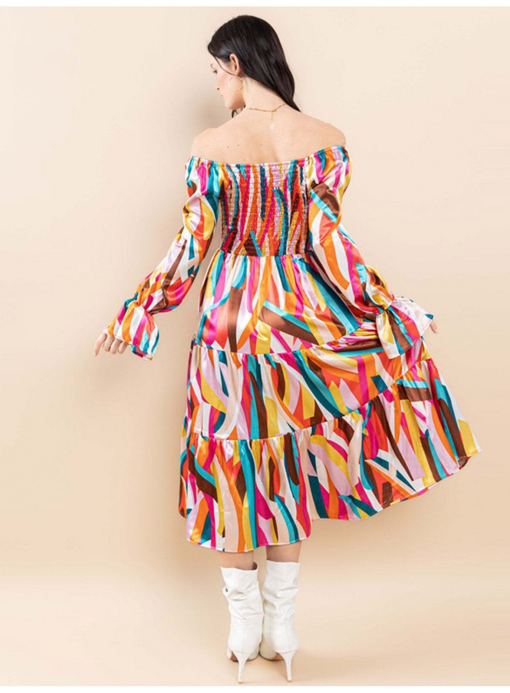 WOMEN'S OFF SHOULDER LONG SLEEVE SMOCK FRONT POCKETS TIERED MIDI DRESS WOMEN'S OFF SHOULDER LONG SLEEVE SMOCK FRONT POCKETS TIERED MIDI DRESS