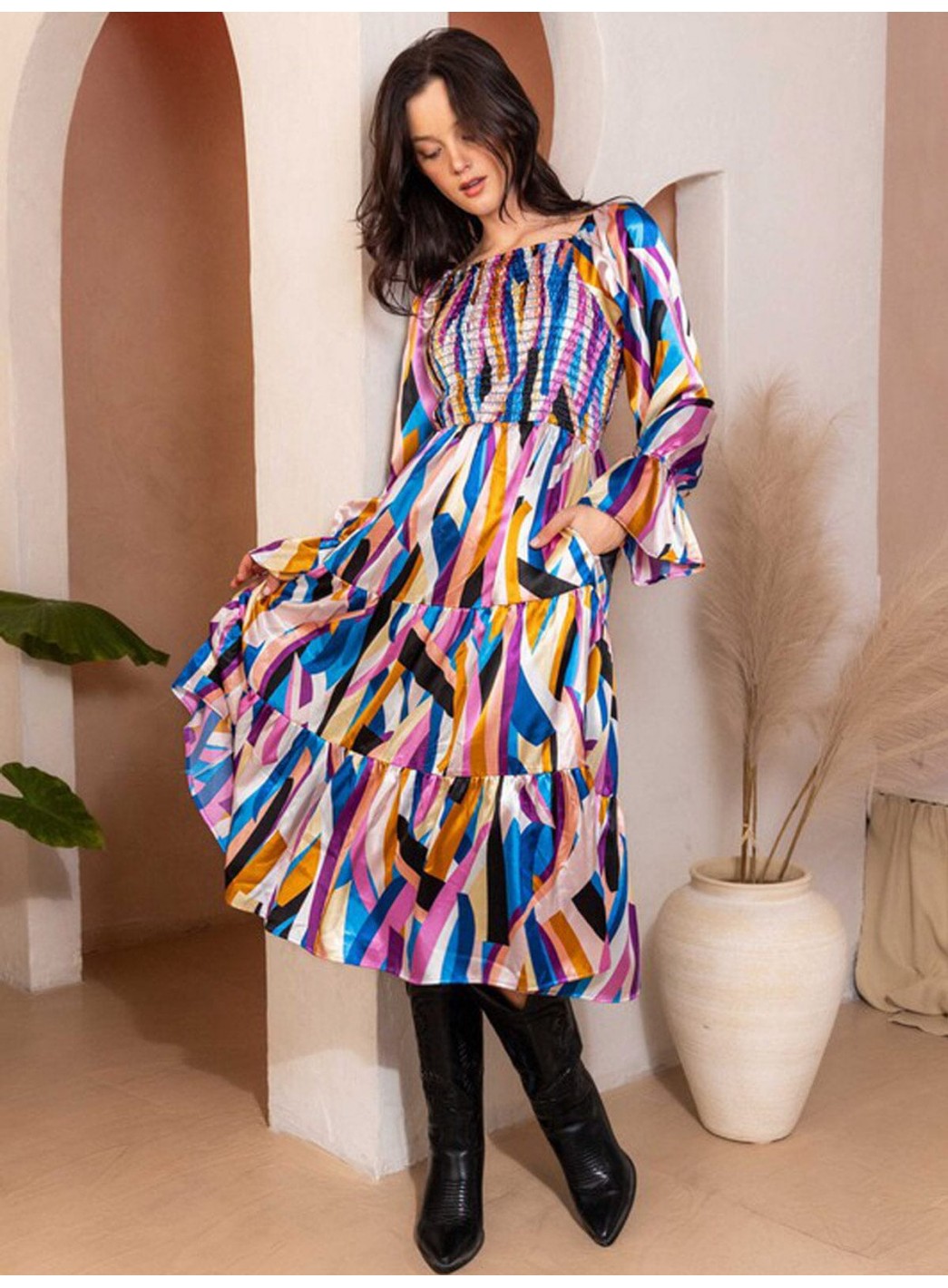 WOMEN'S OFF SHOULDER LONG SLEEVE SMOCK FRONT POCKETS TIERED MIDI DRESS WOMEN'S OFF SHOULDER LONG SLEEVE SMOCK FRONT POCKETS TIERED MIDI DRESS