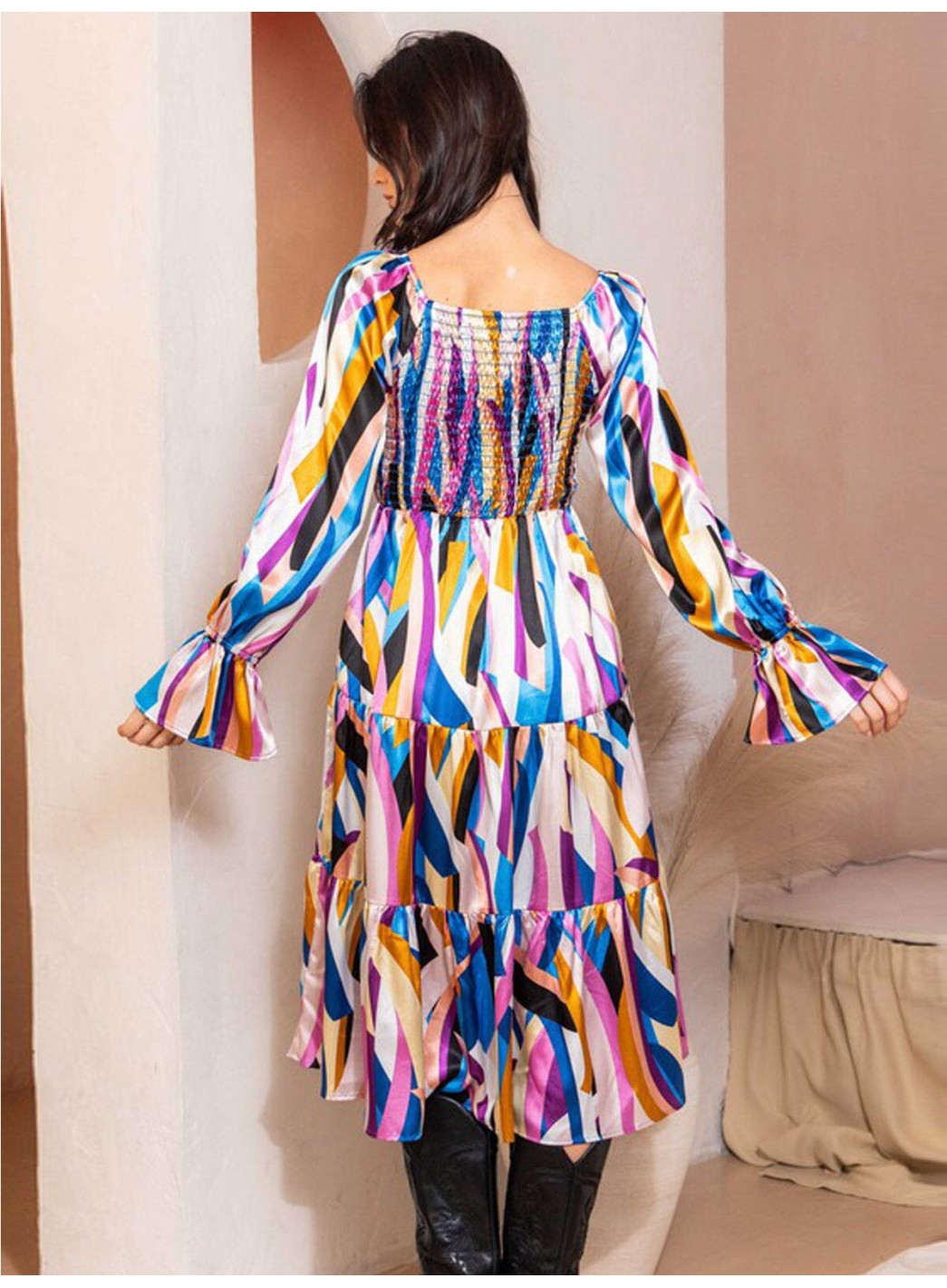 WOMEN'S OFF SHOULDER LONG SLEEVE SMOCK FRONT POCKETS TIERED MIDI DRESS WOMEN'S OFF SHOULDER LONG SLEEVE SMOCK FRONT POCKETS TIERED MIDI DRESS