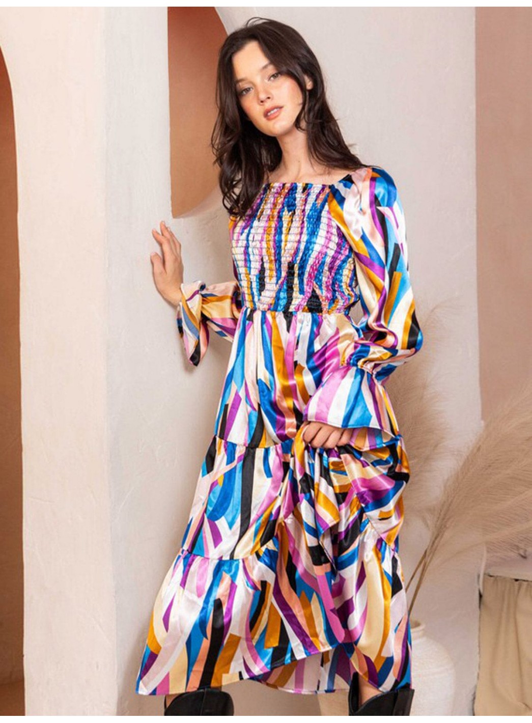 WOMEN'S OFF SHOULDER LONG SLEEVE SMOCK FRONT POCKETS TIERED MIDI DRESS WOMEN'S OFF SHOULDER LONG SLEEVE SMOCK FRONT POCKETS TIERED MIDI DRESS