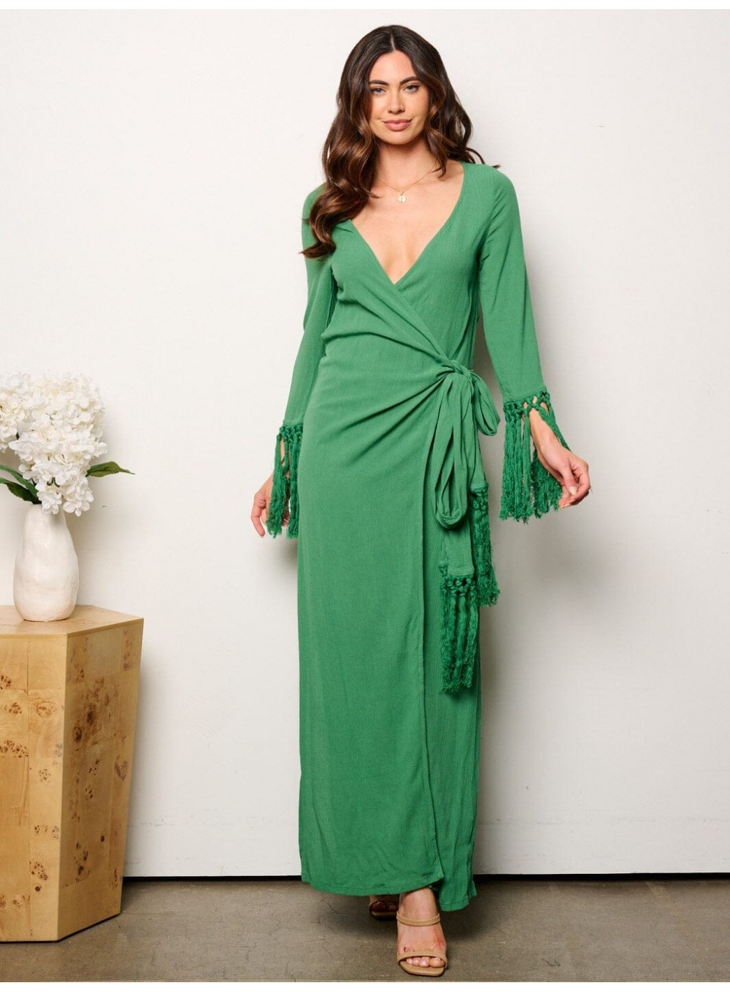 WOMEN'S LONG TASSEL SLEEVE V-NECK WRAP MAXI DRESS WOMEN'S LONG TASSEL SLEEVE V-NECK WRAP MAXI DRESS