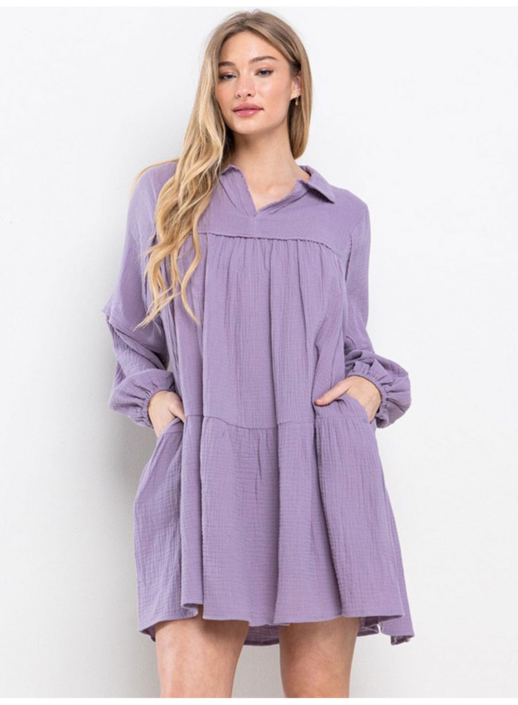 WOMEN'S LONG SLEEVE V-NECK FRONT POCKETS TIERED MIDI DRESS