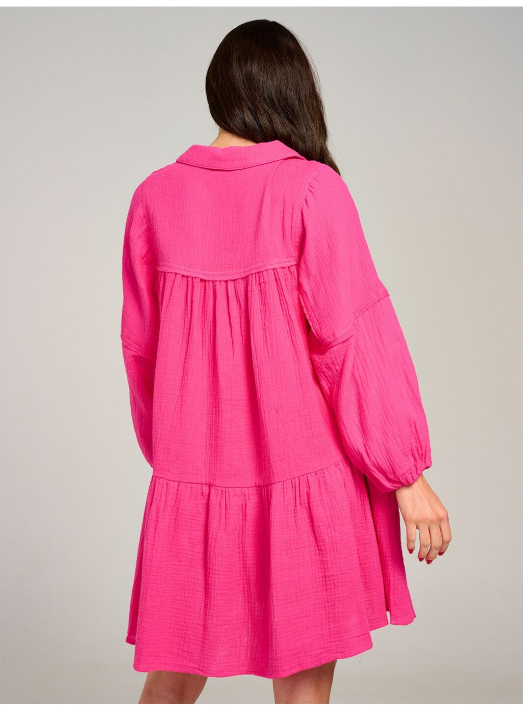 WOMEN'S LONG SLEEVE V-NECK FRONT POCKETS TIERED MIDI DRESS