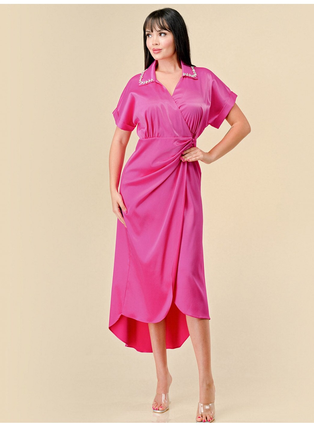 WOMEN'S SHORT SLEEVES STUDS NECK DETAILED HIGH-LOW WRAP MIDI DRESS WOMEN'S SHORT SLEEVES STUDS NECK DETAILED HIGH-LOW WRAP MIDI DRESS