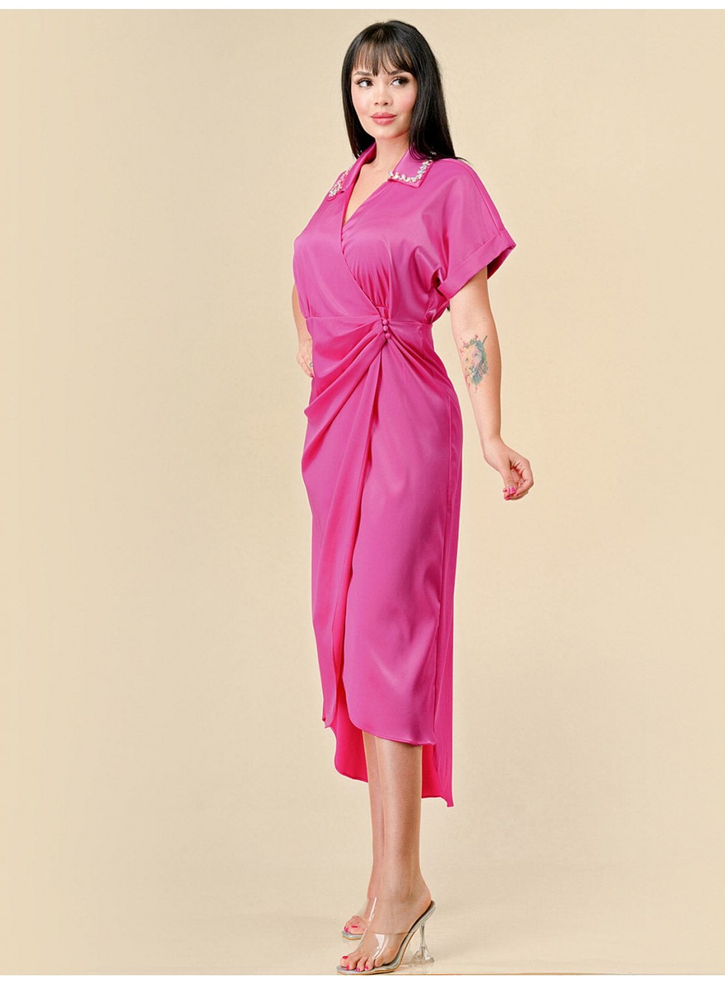 WOMEN'S SHORT SLEEVES STUDS NECK DETAILED HIGH-LOW WRAP MIDI DRESS WOMEN'S SHORT SLEEVES STUDS NECK DETAILED HIGH-LOW WRAP MIDI DRESS