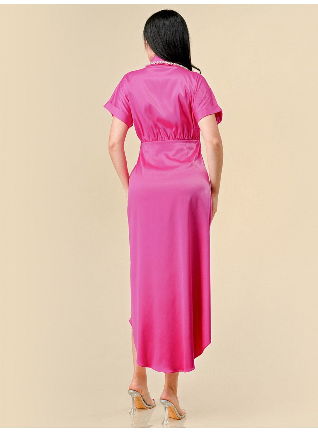 WOMEN'S SHORT SLEEVES STUDS NECK DETAILED HIGH-LOW WRAP MIDI DRESS WOMEN'S SHORT SLEEVES STUDS NECK DETAILED HIGH-LOW WRAP MIDI DRESS