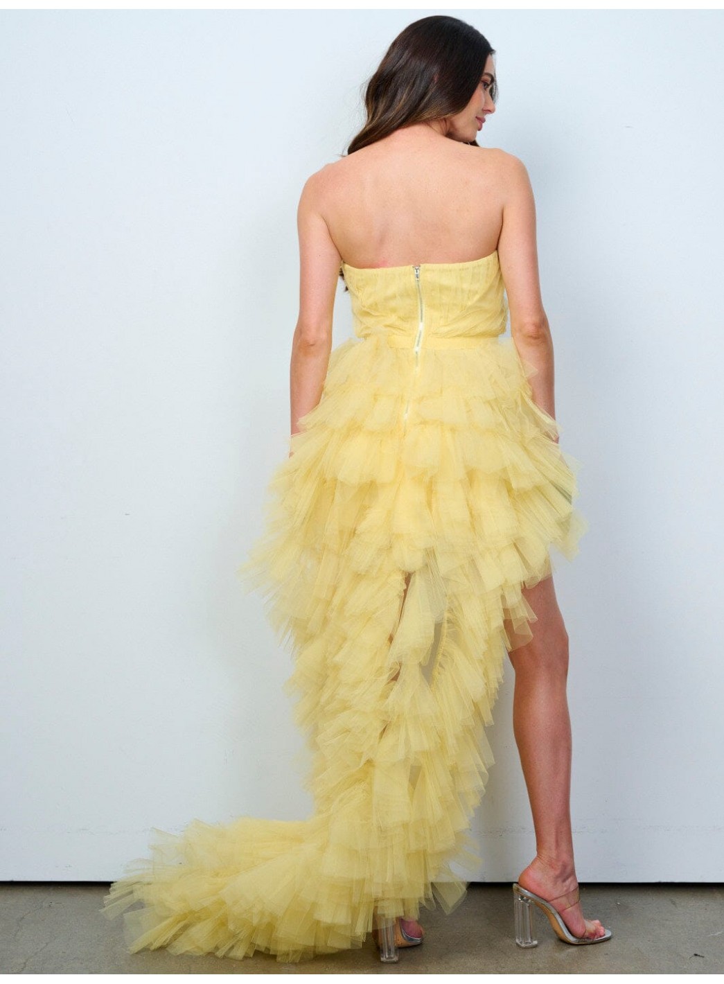 WOMEN'S SLEEVELESS SURPLICE TIERED RUFFLE HIGH-LOW MINI DRESS WOMEN'S SLEEVELESS SURPLICE TIERED RUFFLE HIGH-LOW MINI DRESS