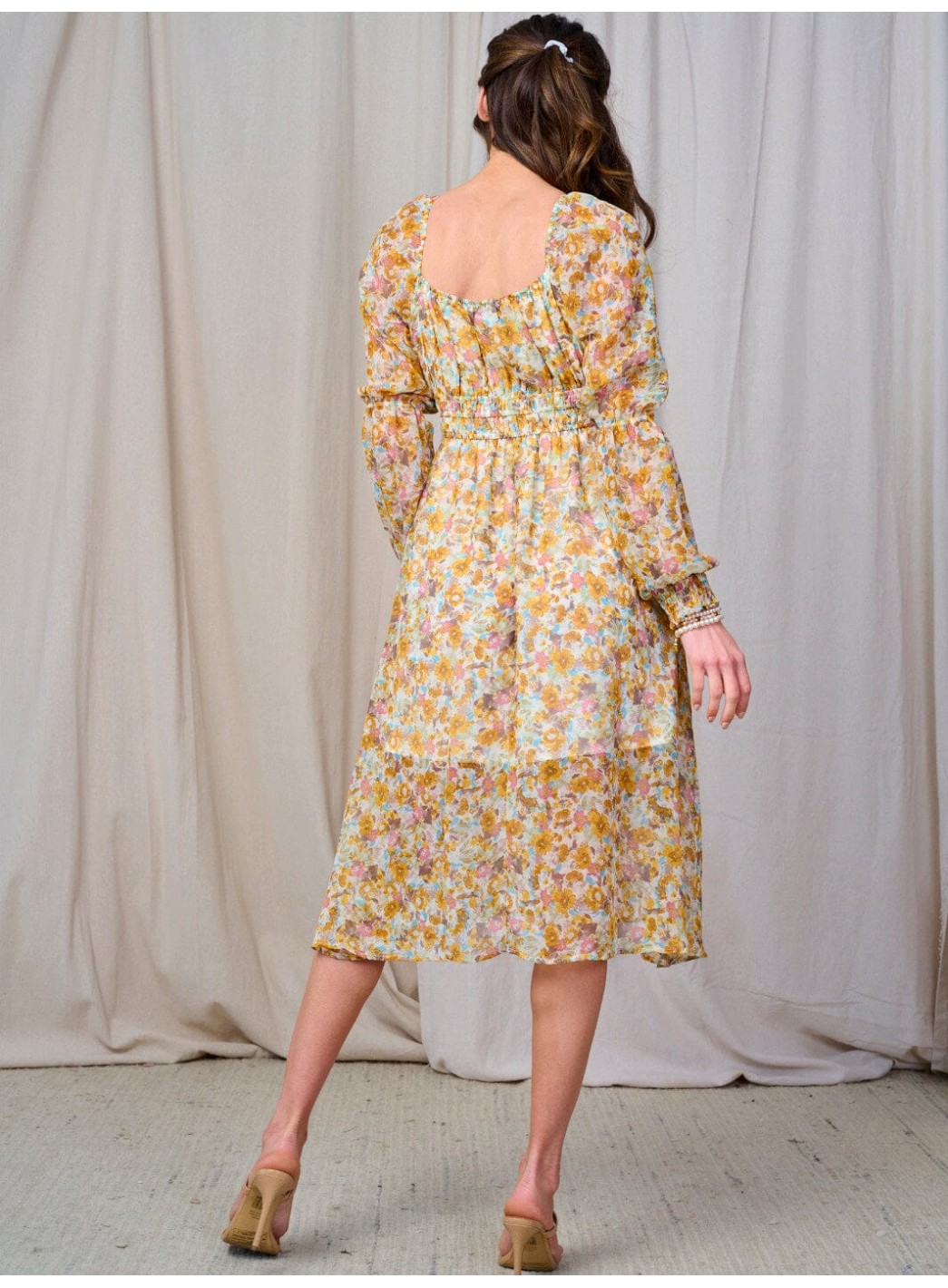 WOMEN'S LONG SLEEVE ELASTIC WAIST FLORAL MIDI DRESS WOMEN'S LONG SLEEVE ELASTIC WAIST FLORAL MIDI DRESS