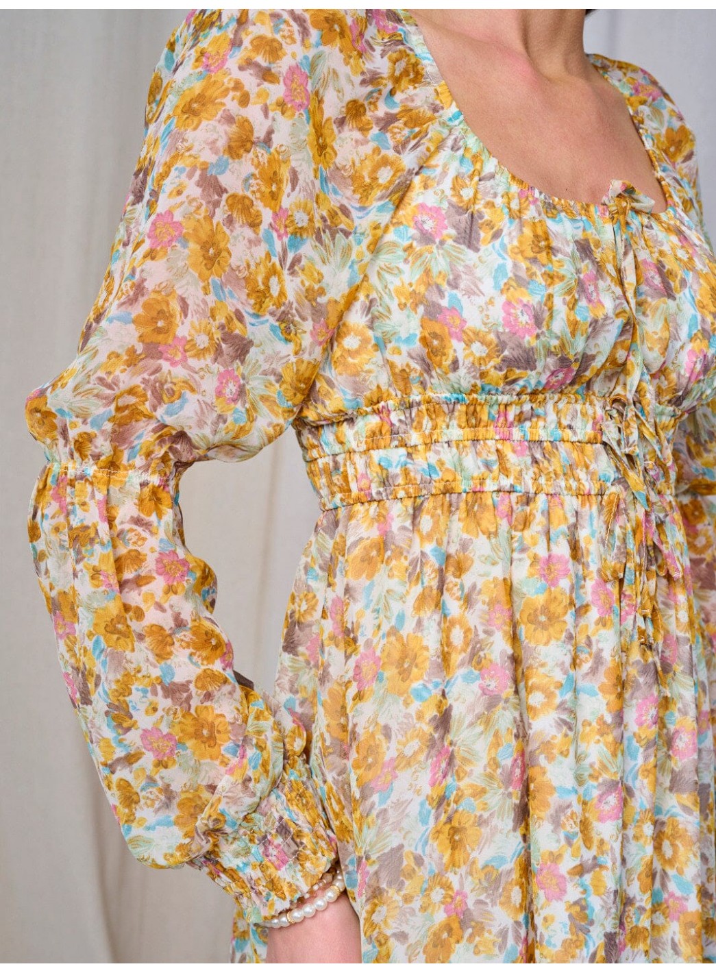 WOMEN'S LONG SLEEVE ELASTIC WAIST FLORAL MIDI DRESS WOMEN'S LONG SLEEVE ELASTIC WAIST FLORAL MIDI DRESS