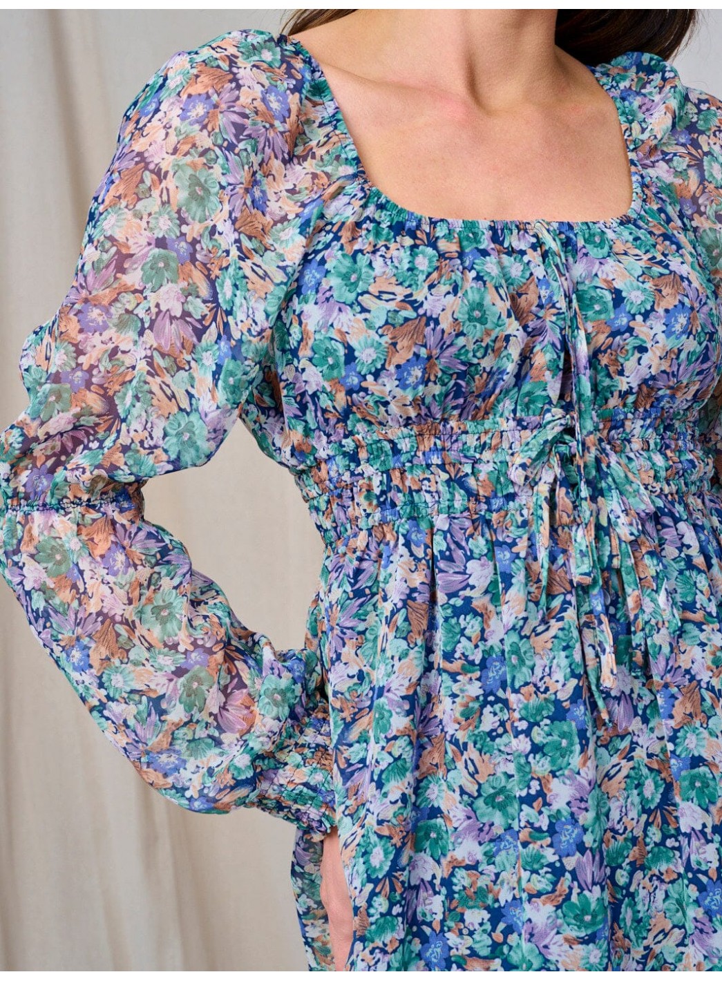 WOMEN'S LONG SLEEVE ELASTIC WAIST FLORAL MIDI DRESS WOMEN'S LONG SLEEVE ELASTIC WAIST FLORAL MIDI DRESS