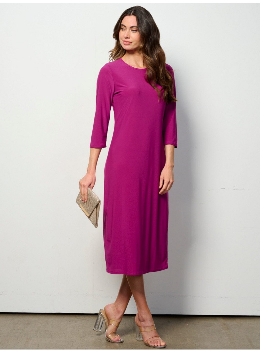 WOMEN'S 3/4 SLEEVES SOLID MIDI DRESS WOMEN'S 3/4 SLEEVES SOLID MIDI DRESS