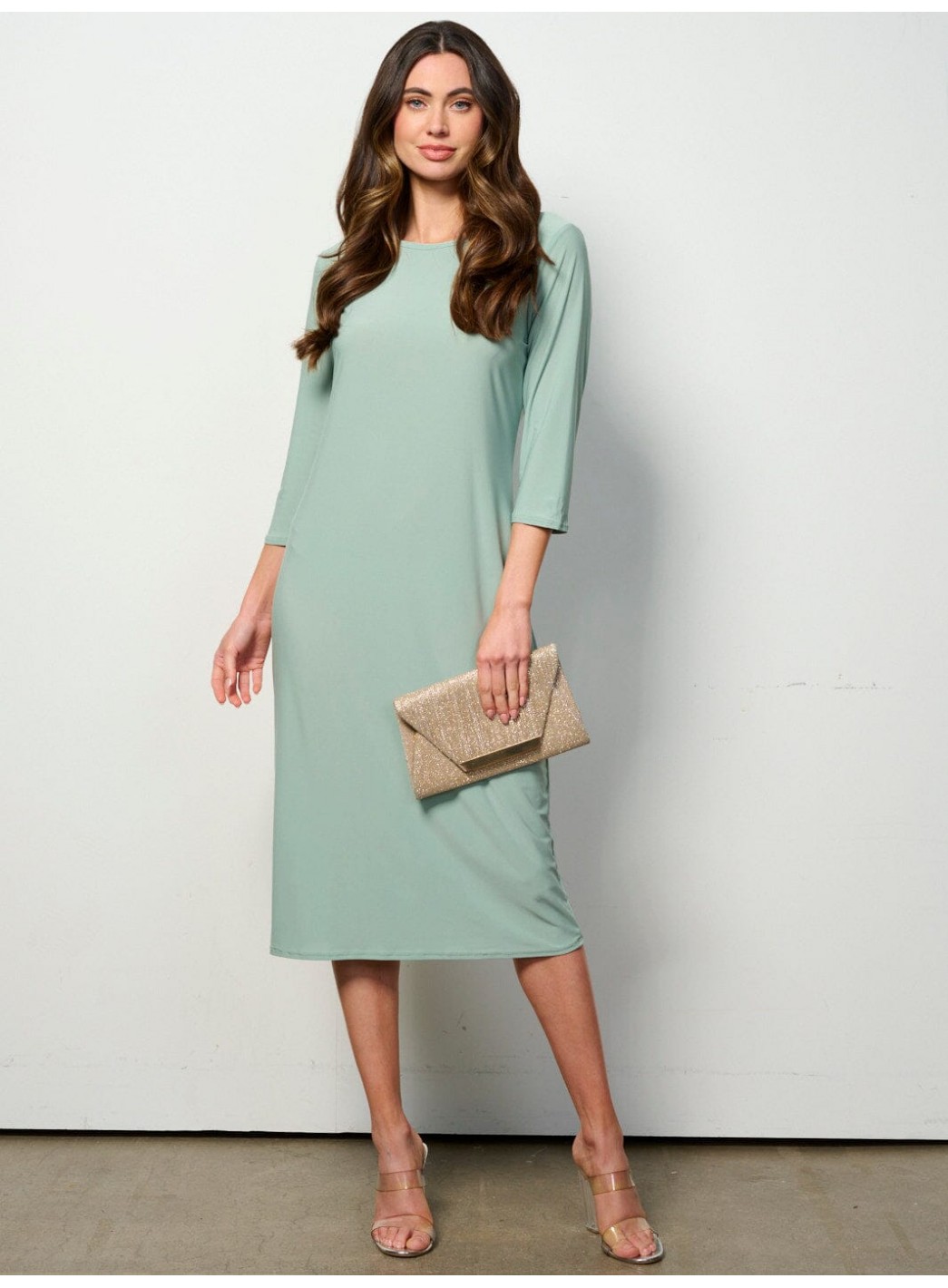 WOMEN'S 3/4 SLEEVES SOLID MIDI DRESS WOMEN'S 3/4 SLEEVES SOLID MIDI DRESS