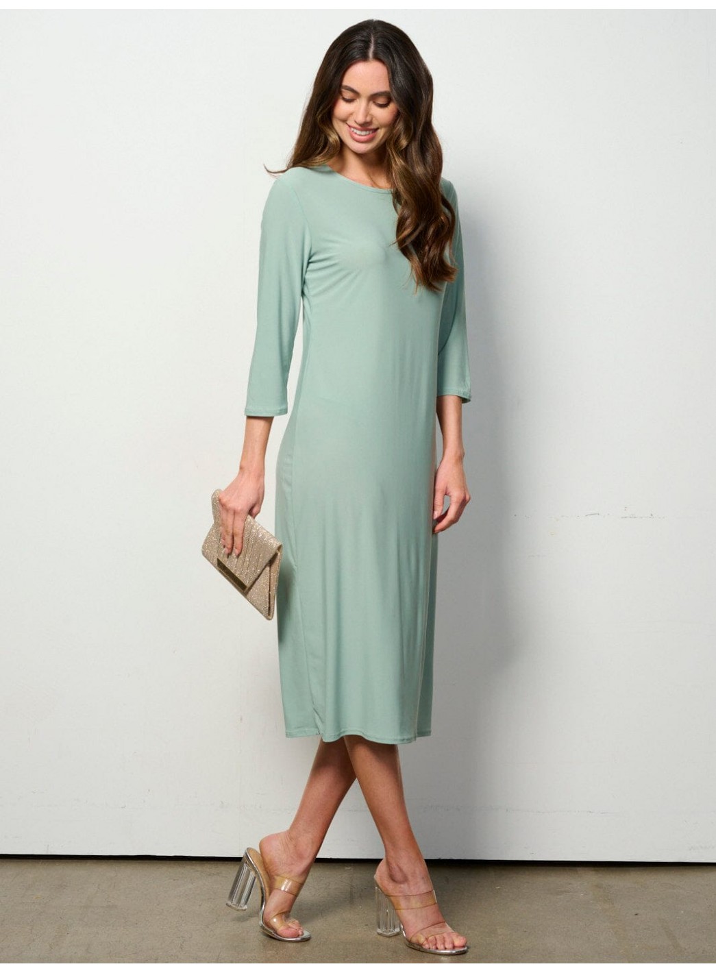WOMEN'S 3/4 SLEEVES SOLID MIDI DRESS WOMEN'S 3/4 SLEEVES SOLID MIDI DRESS