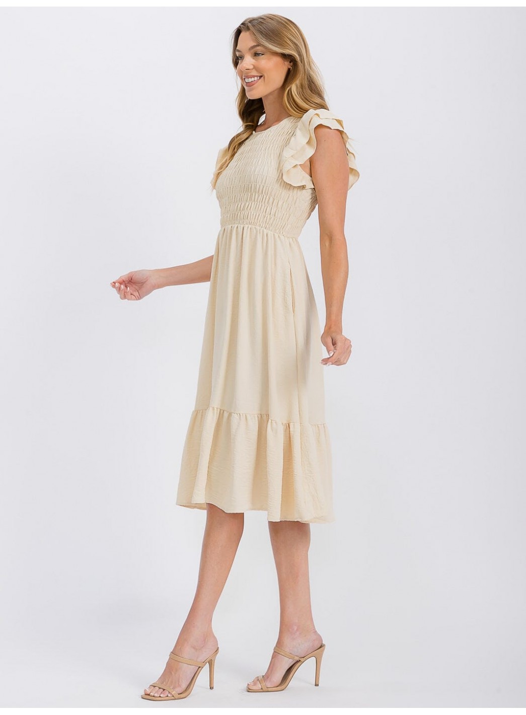 Ruffle Front WOMEN'S RUFFLE SLEEVE FRONT POCKETS SMOCK RUFFLE BOTTOM HEM MIDI DRESS